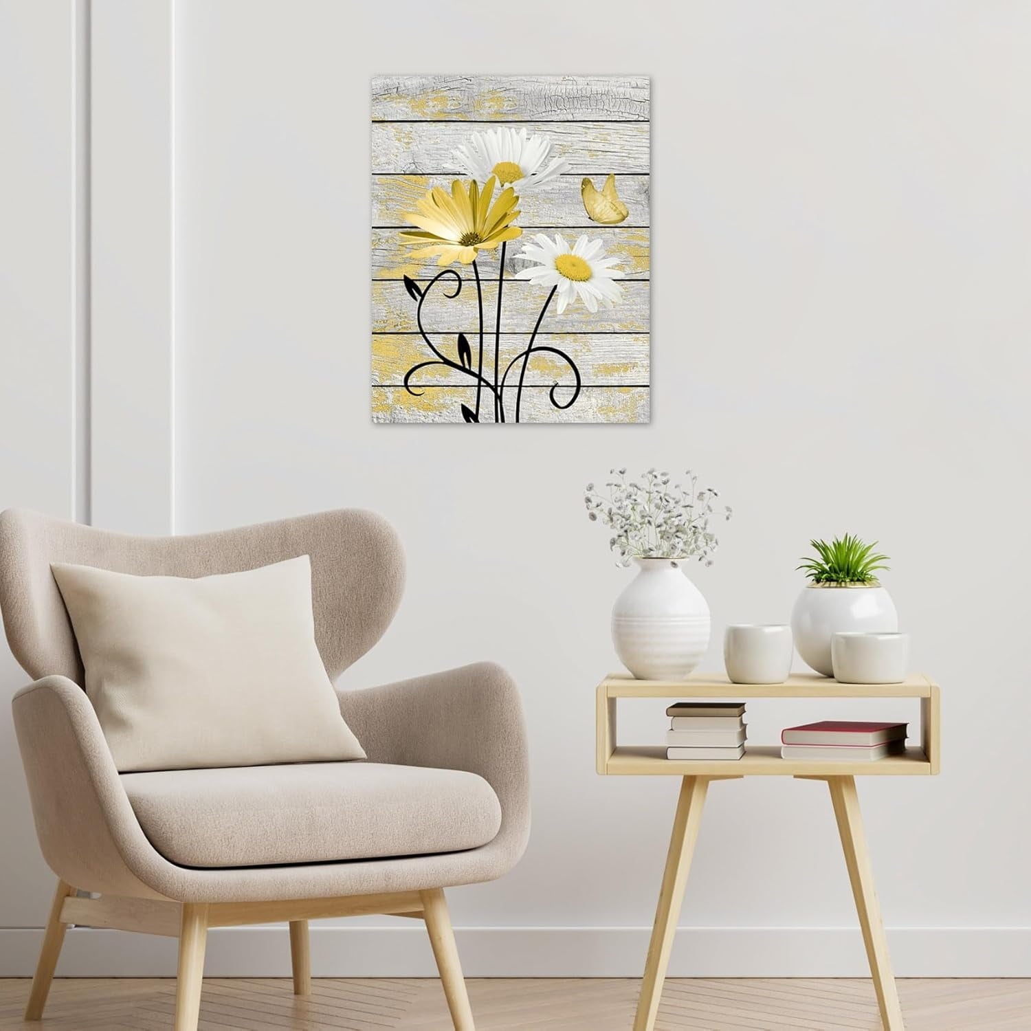 Farmhouse Floral Wall Art for Living Room, Blue and White Daisy Flower and Butterfly on Rustic Wood Board Canvas Wall Art Framed Artwork Ready to Hang for Bathroom Bedroom Decor