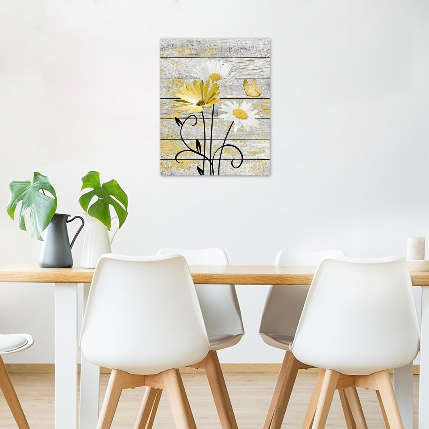 Farmhouse Floral Wall Art for Living Room, Blue and White Daisy Flower and Butterfly on Rustic Wood Board Canvas Wall Art Framed Artwork Ready to Hang for Bathroom Bedroom Decor