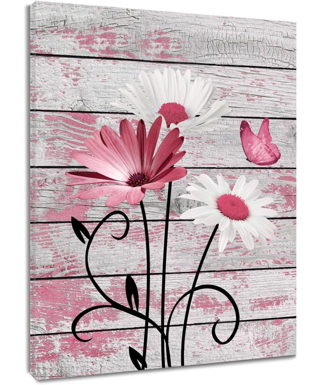 Farmhouse Floral Wall Art for Living Room, Blue and White Daisy Flower and Butterfly on Rustic Wood Board Canvas Wall Art Framed Artwork Ready to Hang for Bathroom Bedroom Decor