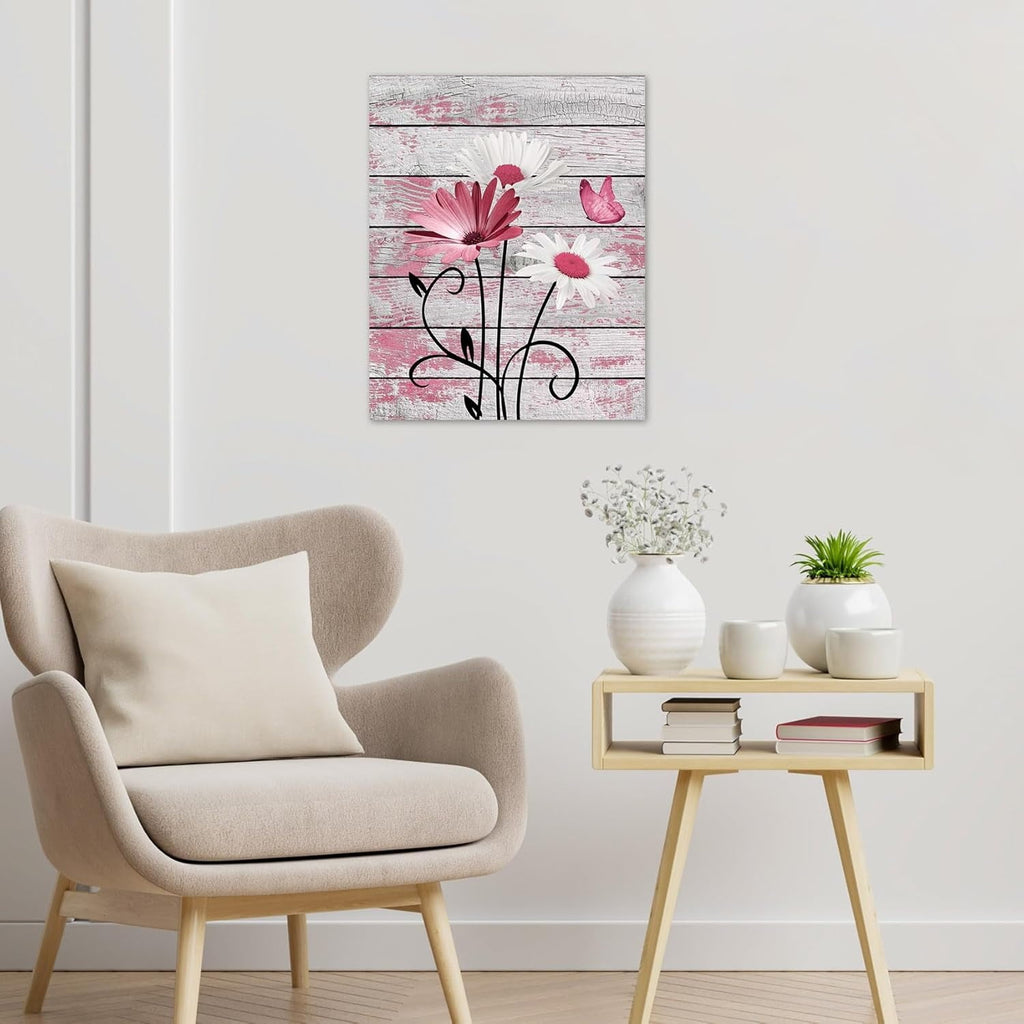 Farmhouse Floral Wall Art for Living Room, Blue and White Daisy Flower and Butterfly on Rustic Wood Board Canvas Wall Art Framed Artwork Ready to Hang for Bathroom Bedroom Decor