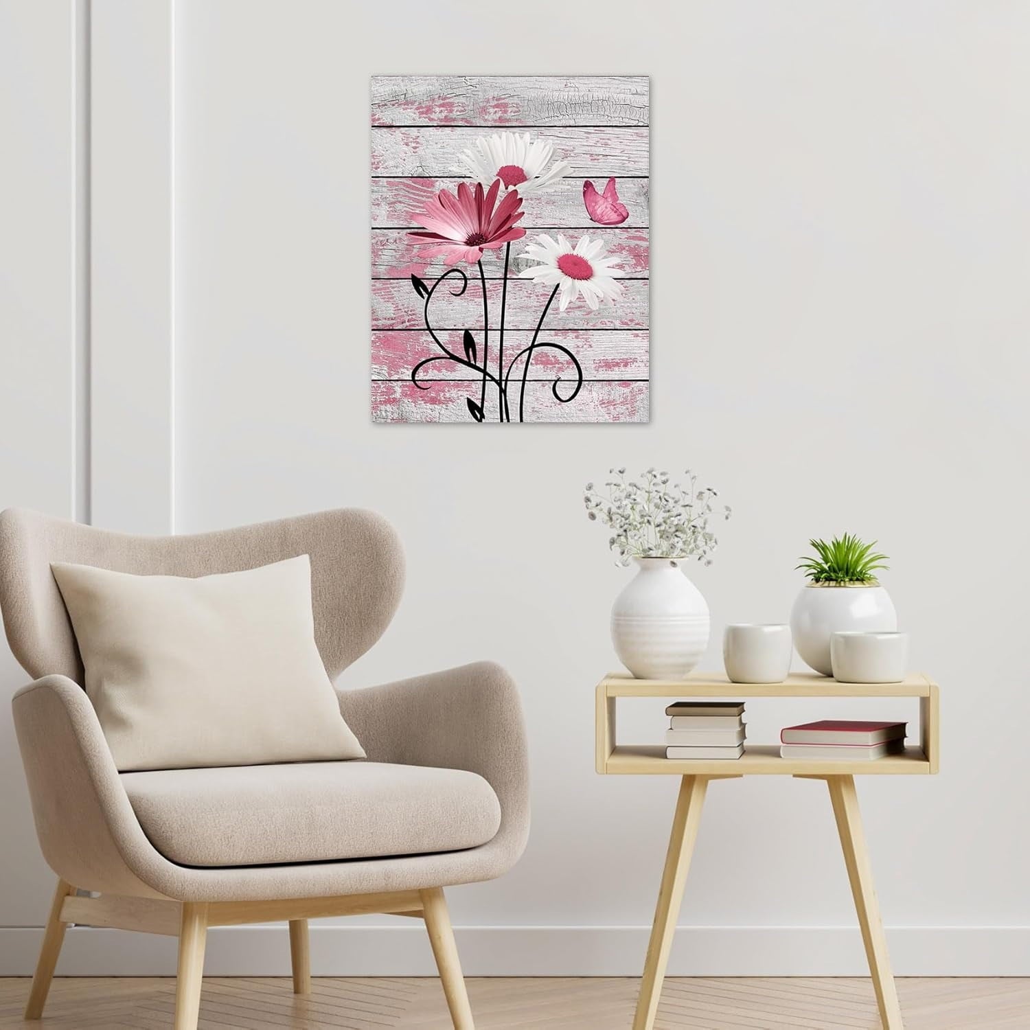 Farmhouse Floral Wall Art for Living Room, Blue and White Daisy Flower and Butterfly on Rustic Wood Board Canvas Wall Art Framed Artwork Ready to Hang for Bathroom Bedroom Decor
