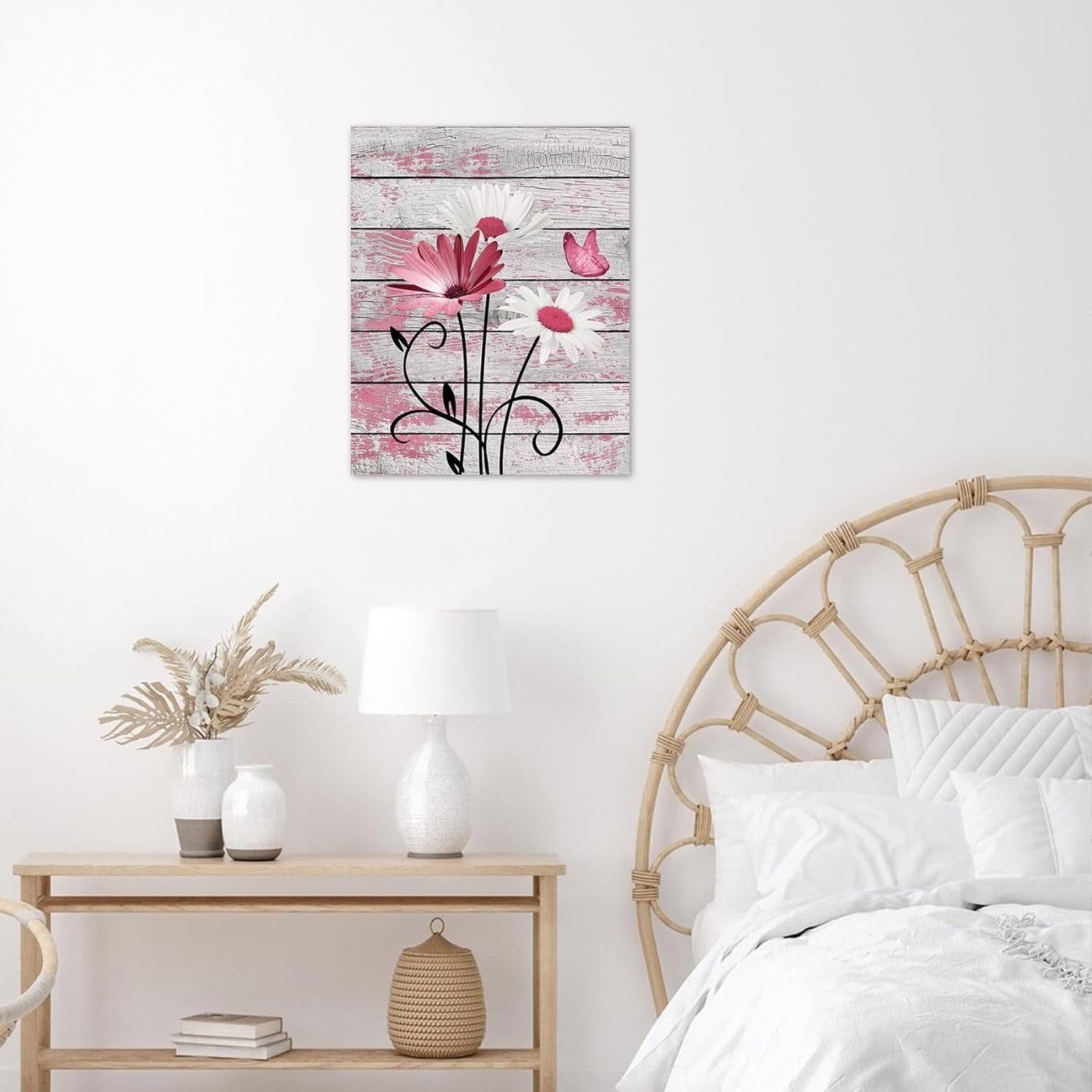 Farmhouse Floral Wall Art for Living Room, Blue and White Daisy Flower and Butterfly on Rustic Wood Board Canvas Wall Art Framed Artwork Ready to Hang for Bathroom Bedroom Decor