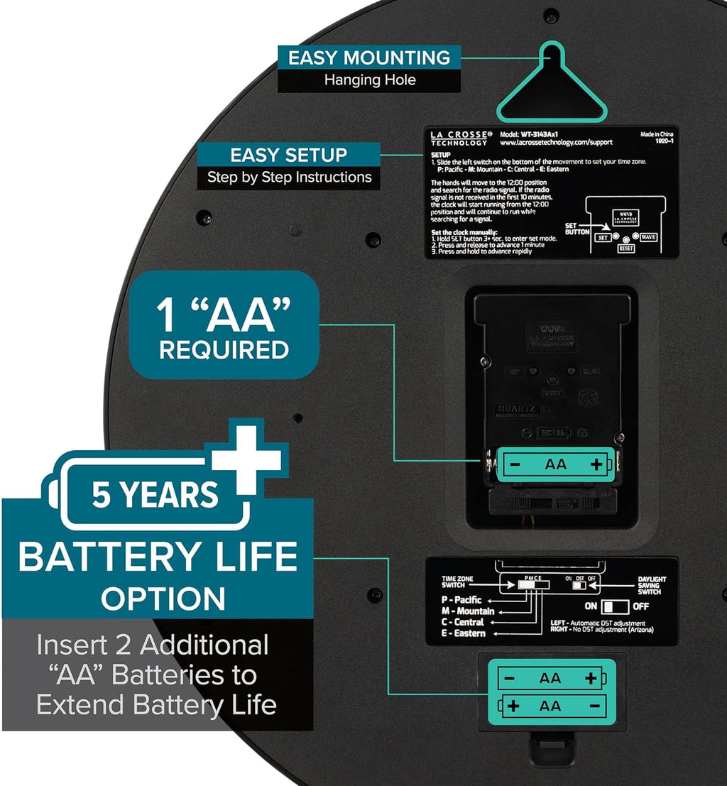 14-Inch Classic Black  Wall Clock with Radio Controlled  &amp; Daylight Saving