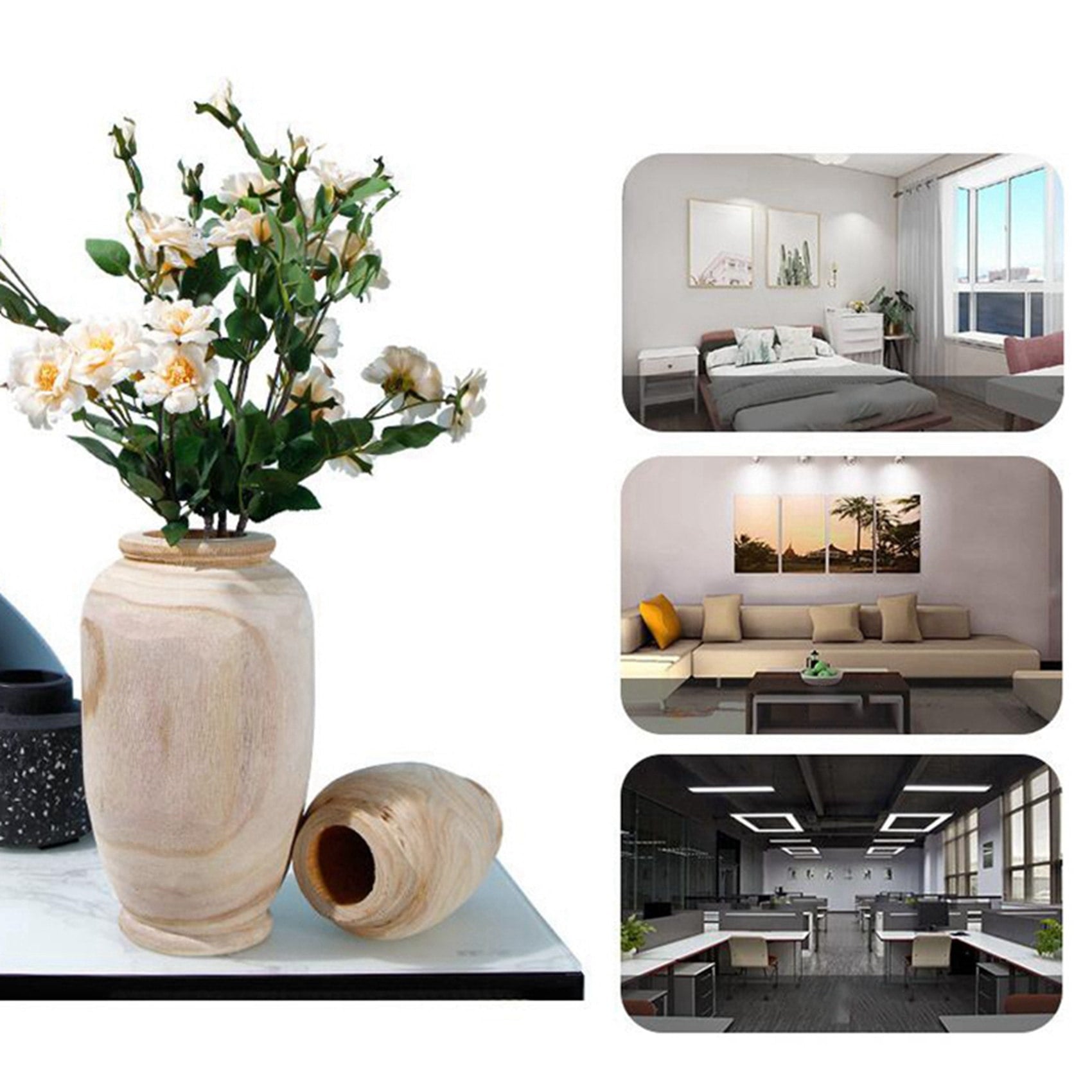 2X Wooden Vase Decoration Living Room Table Solid Wood Ware Flower Bottle Ornament Home Decoration