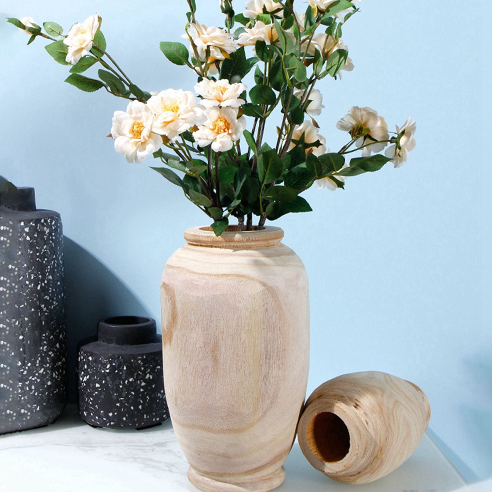2X Wooden Vase Decoration Living Room Table Solid Wood Ware Flower Bottle Ornament Home Decoration