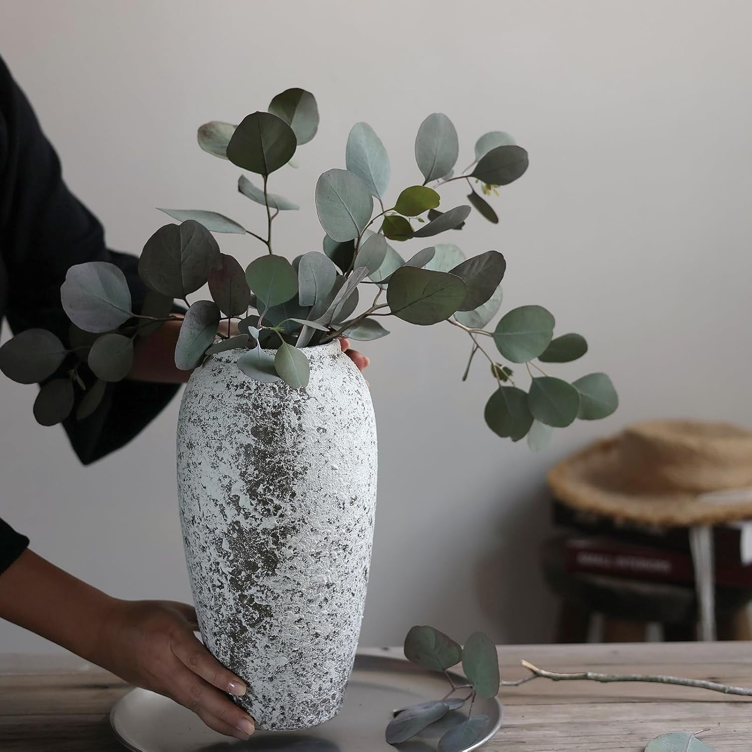 Rustic Large Ceramic Vase, Vintage Floor Tall Flower Vase Distressed Farmhouse Decor for Living Room Entryway Table Centerpieces,Shelf, Kitchen, Wedding, Home Decor