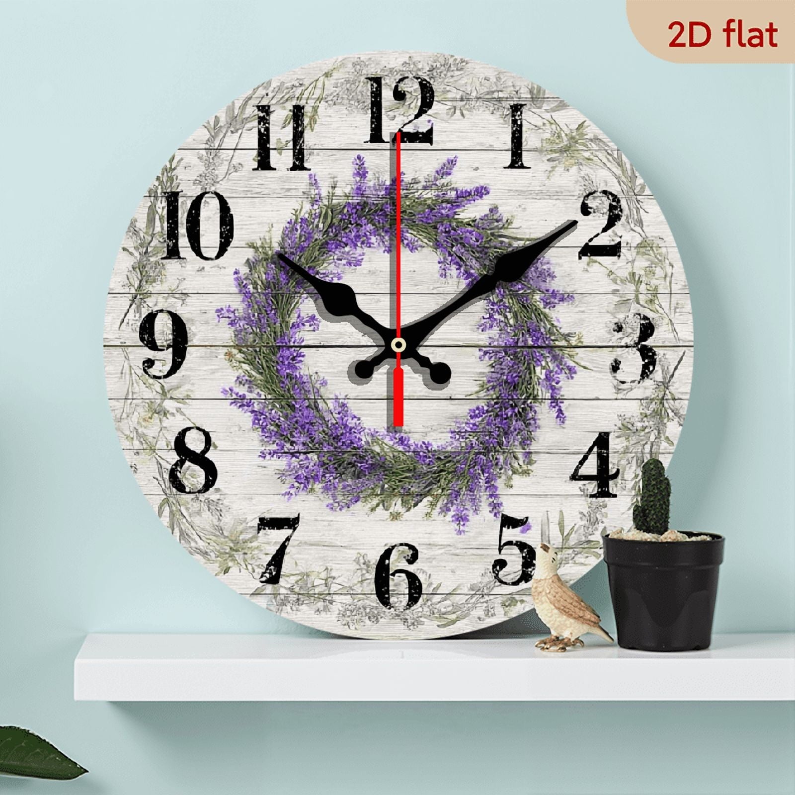 2D Flat 1pc 10Inch Wooden Silent Lavender Wall Clock - Purple Wooden Floral Design, Battery-Powered for Home Garden Decor