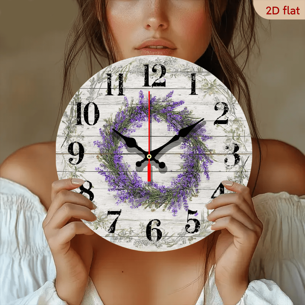 2D Flat 1pc 10Inch Wooden Silent Lavender Wall Clock - Purple Wooden Floral Design, Battery-Powered for Home Garden Decor