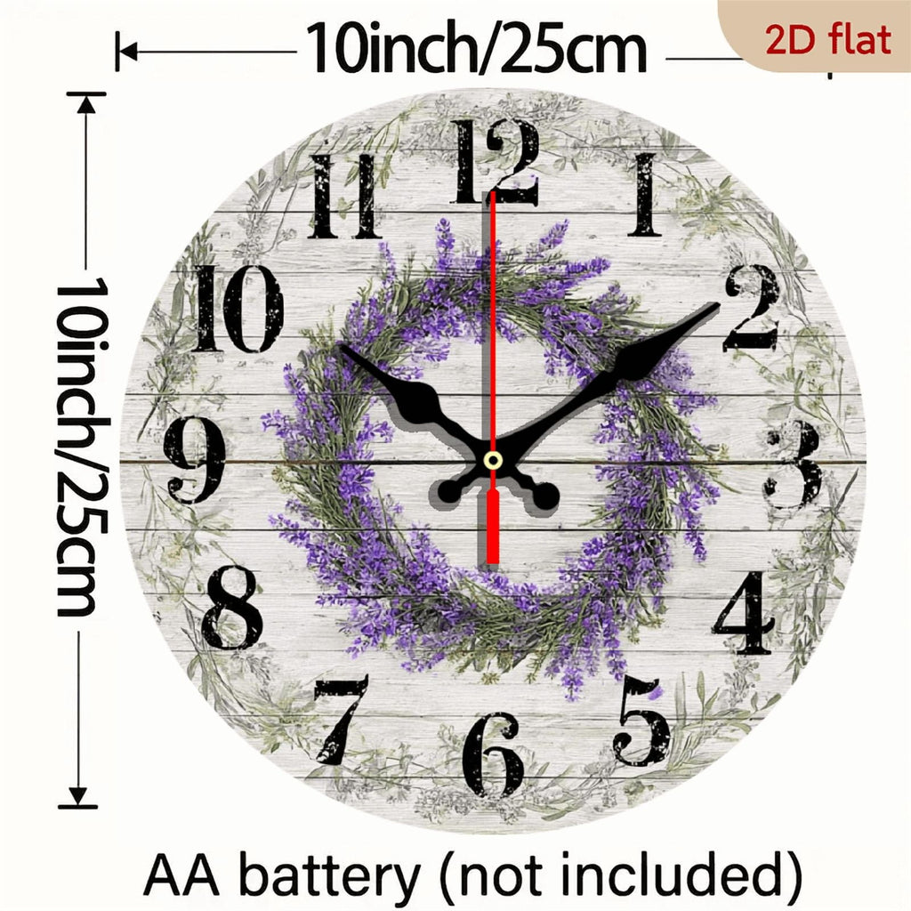 2D Flat 1pc 10Inch Wooden Silent Lavender Wall Clock - Purple Wooden Floral Design, Battery-Powered for Home Garden Decor