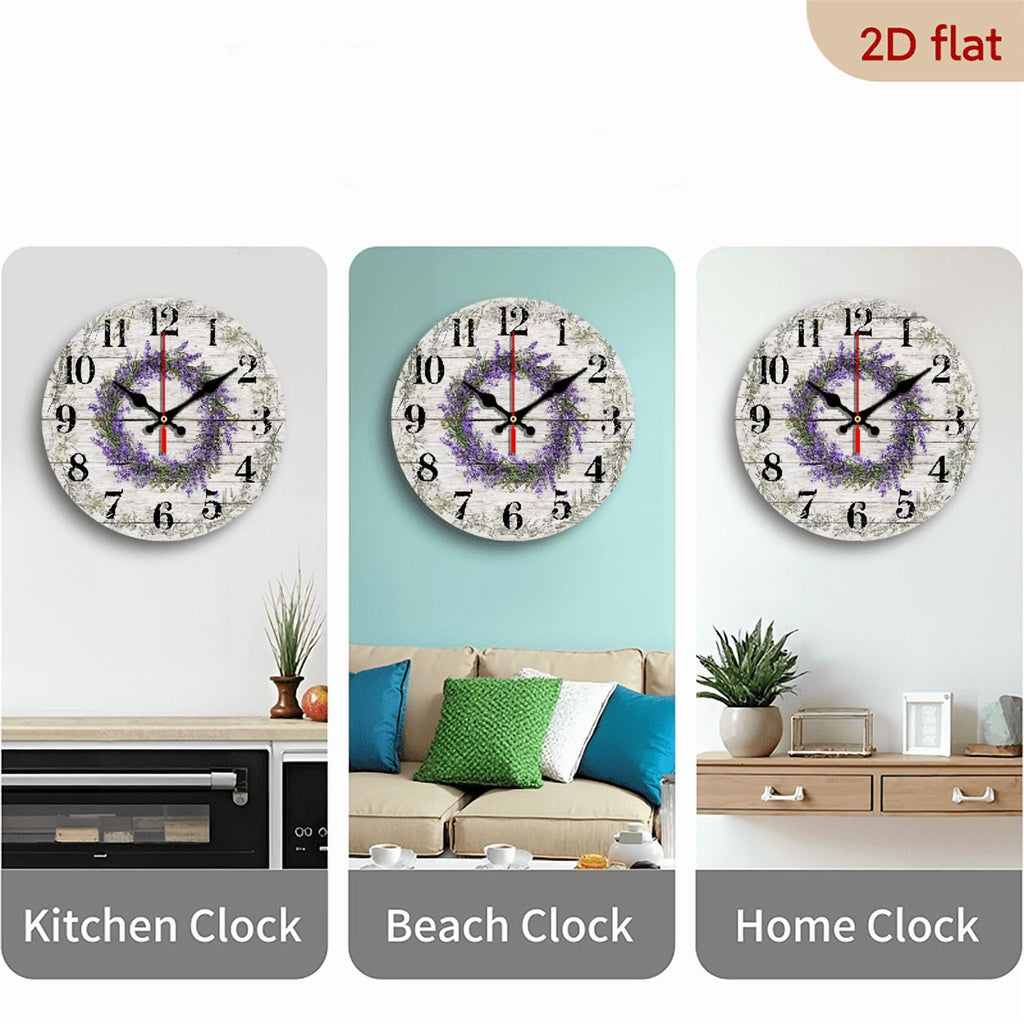 2D Flat 1pc 10Inch Wooden Silent Lavender Wall Clock - Purple Wooden Floral Design, Battery-Powered for Home Garden Decor