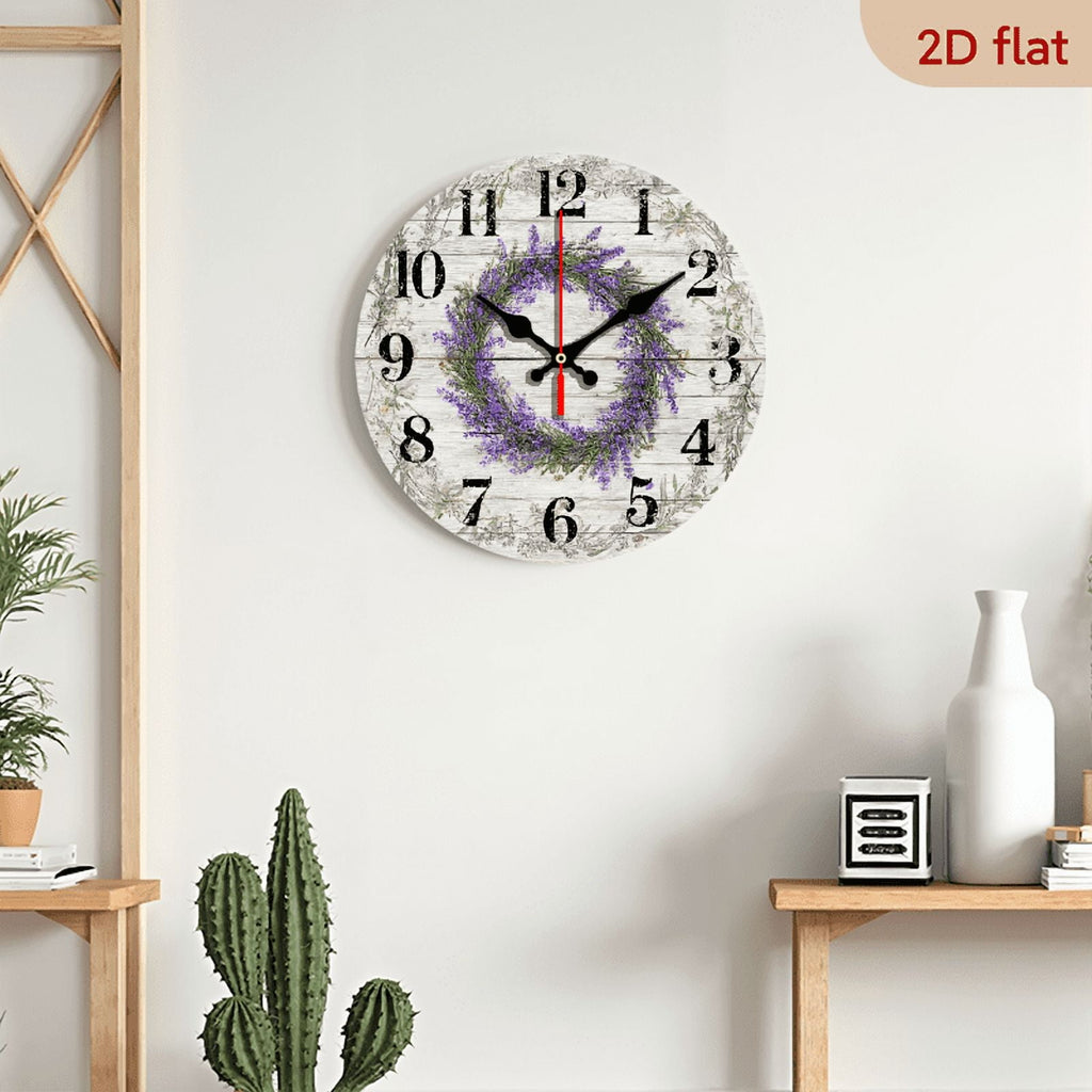 2D Flat 1pc 10Inch Wooden Silent Lavender Wall Clock - Purple Wooden Floral Design, Battery-Powered for Home Garden Decor