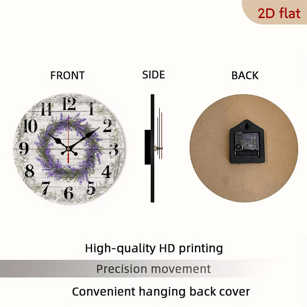 2D Flat 1pc 10Inch Wooden Silent Lavender Wall Clock - Purple Wooden Floral Design, Battery-Powered for Home Garden Decor