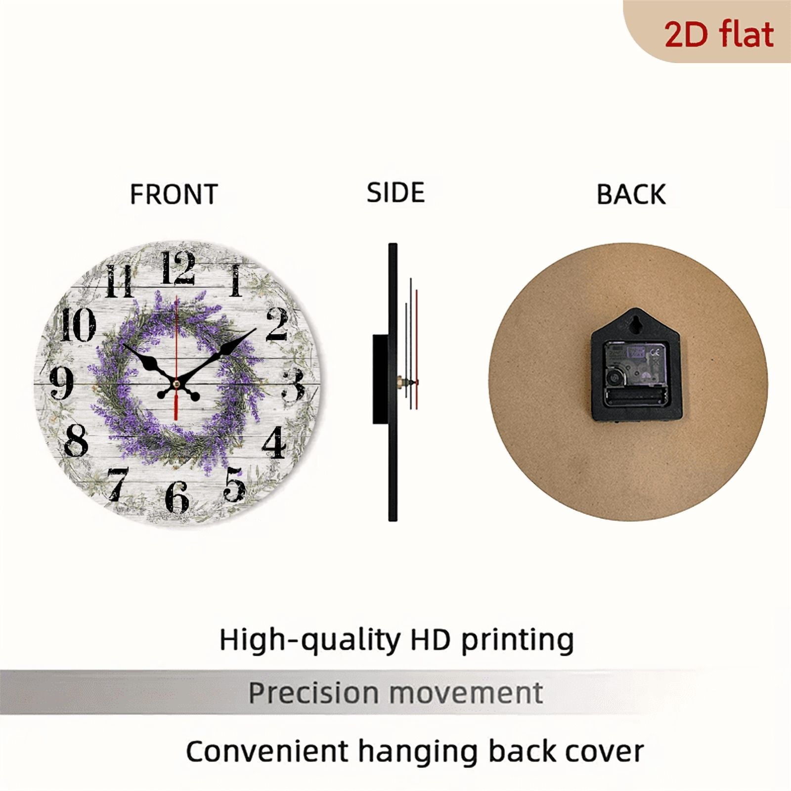 2D Flat 1pc 10Inch Wooden Silent Lavender Wall Clock - Purple Wooden Floral Design, Battery-Powered for Home Garden Decor
