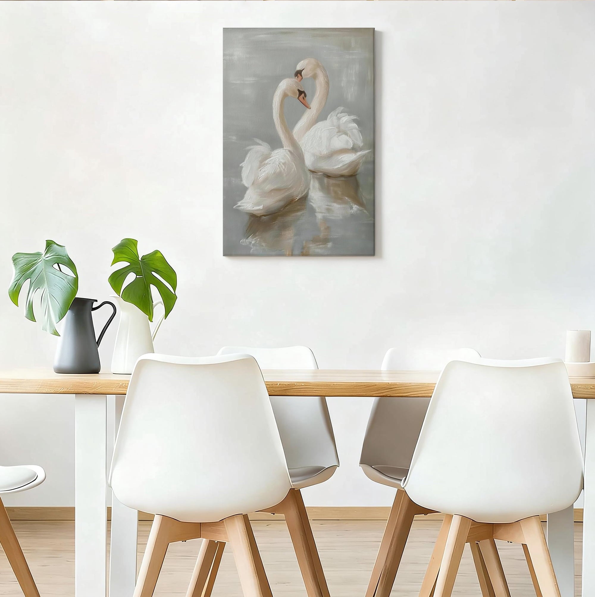 Two Swans in Love Canvas Wall Art, Elegant Romantic Decor, Soft Impressionist Oil Painting for Bedroom, Ready to Hang