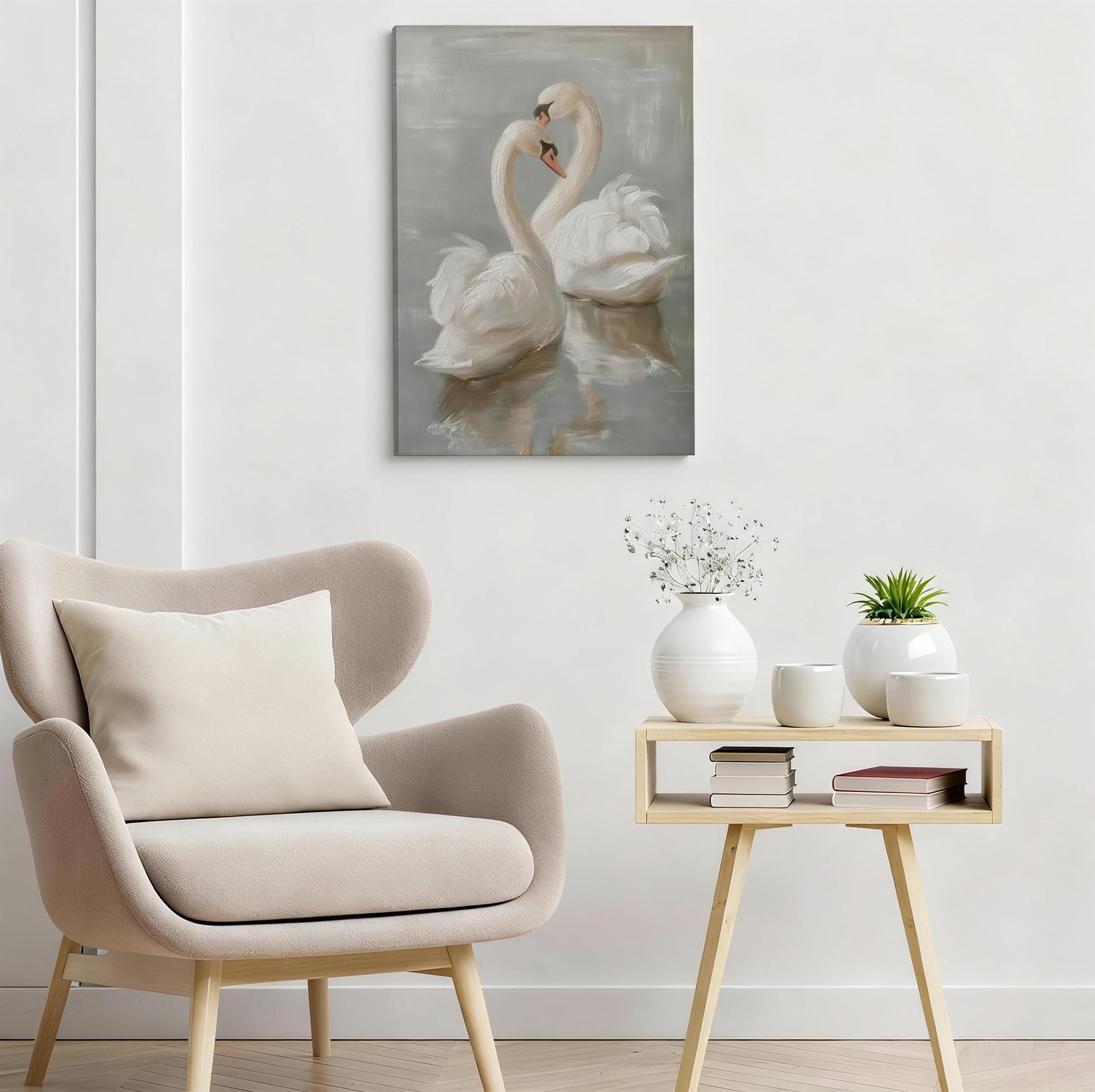 Two Swans in Love Canvas Wall Art, Elegant Romantic Decor, Soft Impressionist Oil Painting for Bedroom, Ready to Hang