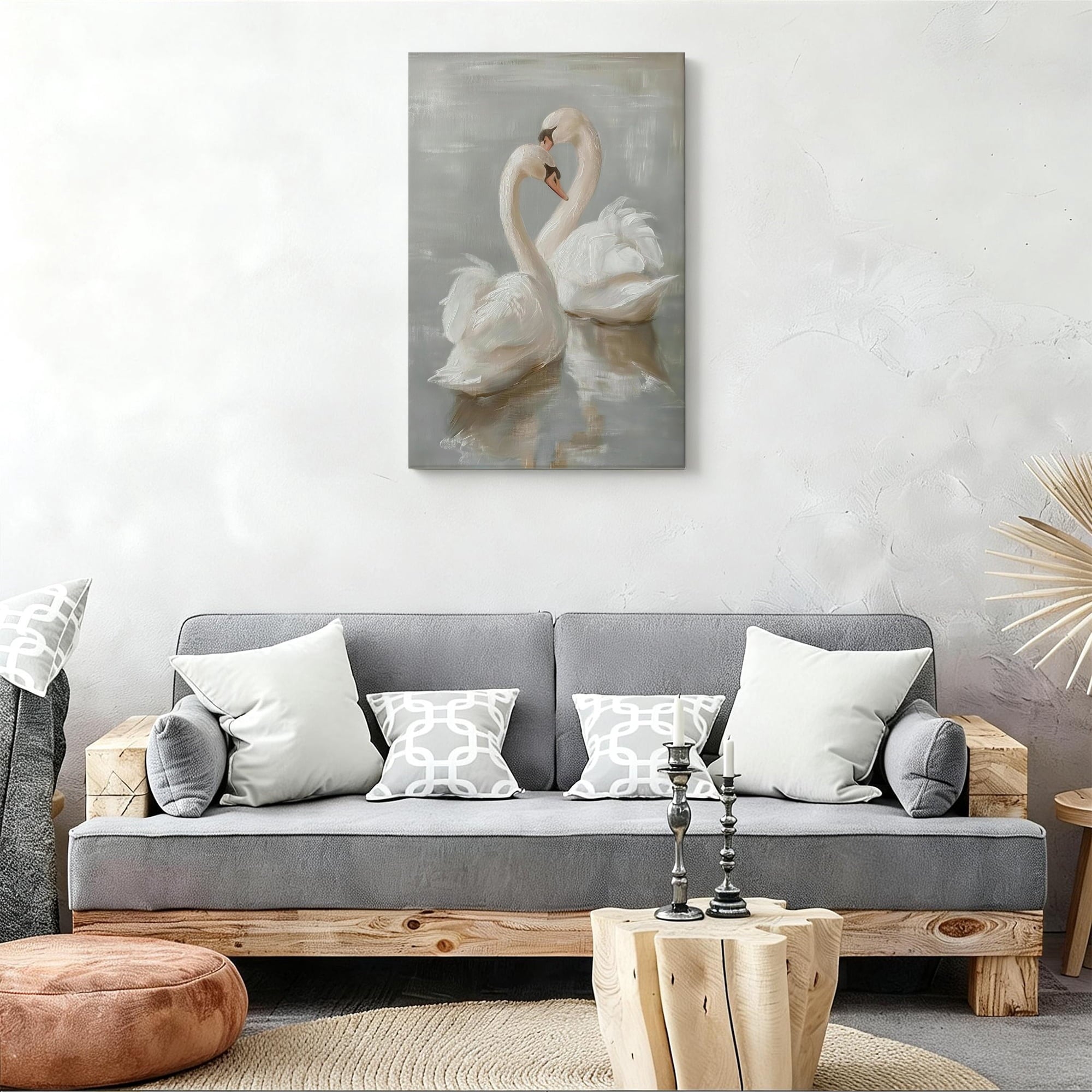 Two Swans in Love Canvas Wall Art, Elegant Romantic Decor, Soft Impressionist Oil Painting for Bedroom, Ready to Hang