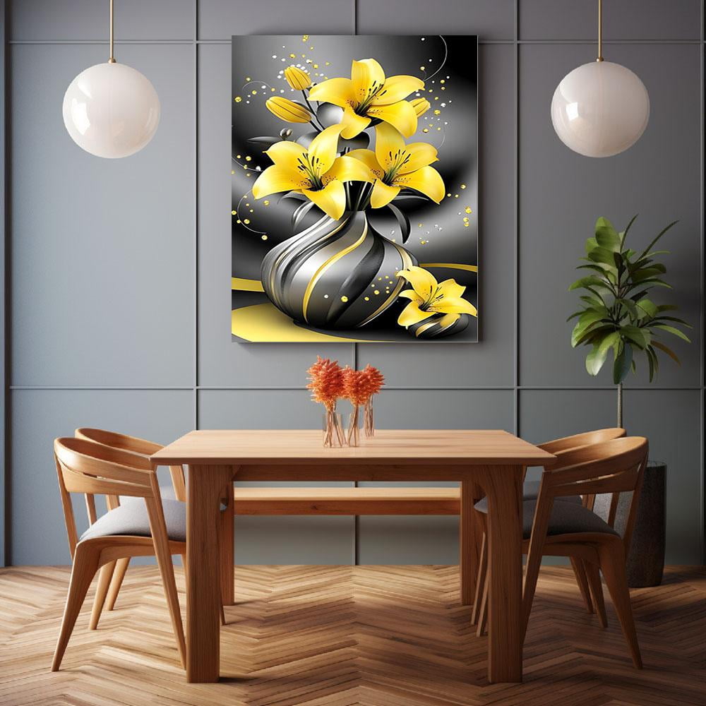 Mudket Framed Canvas Wall Art, Yellow Lilies in Black Gold Vase Wall Decor, Luxury Glam Elegant Floral Waterproof Ready to Hang Art Prints for Dining Room Living Room Bedroom Home Decor - 12"L x 8"W
