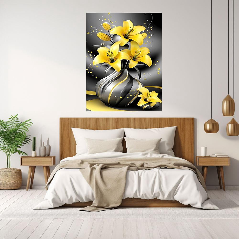 Mudket Framed Canvas Wall Art, Yellow Lilies in Black Gold Vase Wall Decor, Luxury Glam Elegant Floral Waterproof Ready to Hang Art Prints for Dining Room Living Room Bedroom Home Decor - 12"L x 8"W