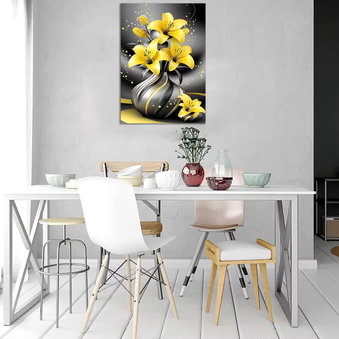 Mudket Framed Canvas Wall Art, Yellow Lilies in Black Gold Vase Wall Decor, Luxury Glam Elegant Floral Waterproof Ready to Hang Art Prints for Dining Room Living Room Bedroom Home Decor - 12"L x 8"W
