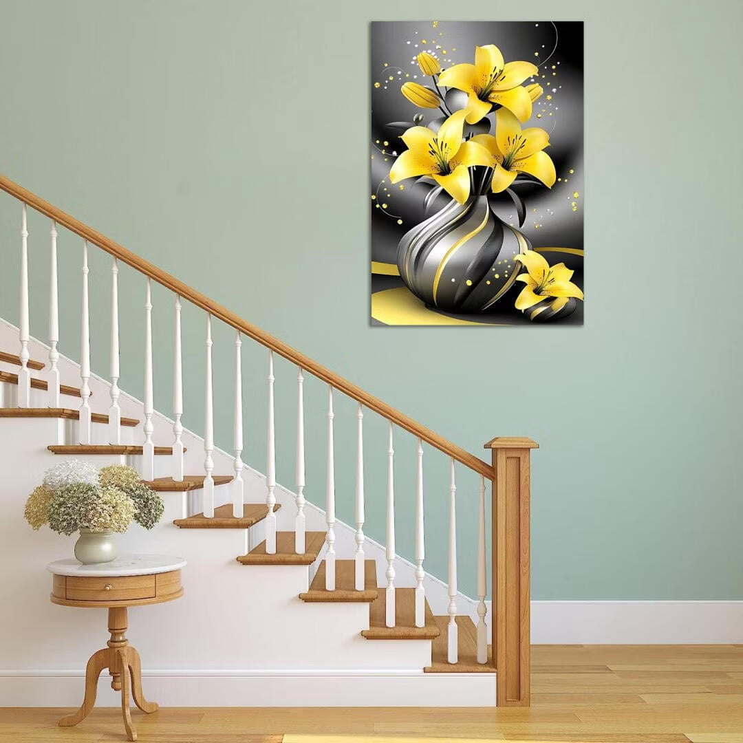 Mudket Framed Canvas Wall Art, Yellow Lilies in Black Gold Vase Wall Decor, Luxury Glam Elegant Floral Waterproof Ready to Hang Art Prints for Dining Room Living Room Bedroom Home Decor - 12"L x 8"W
