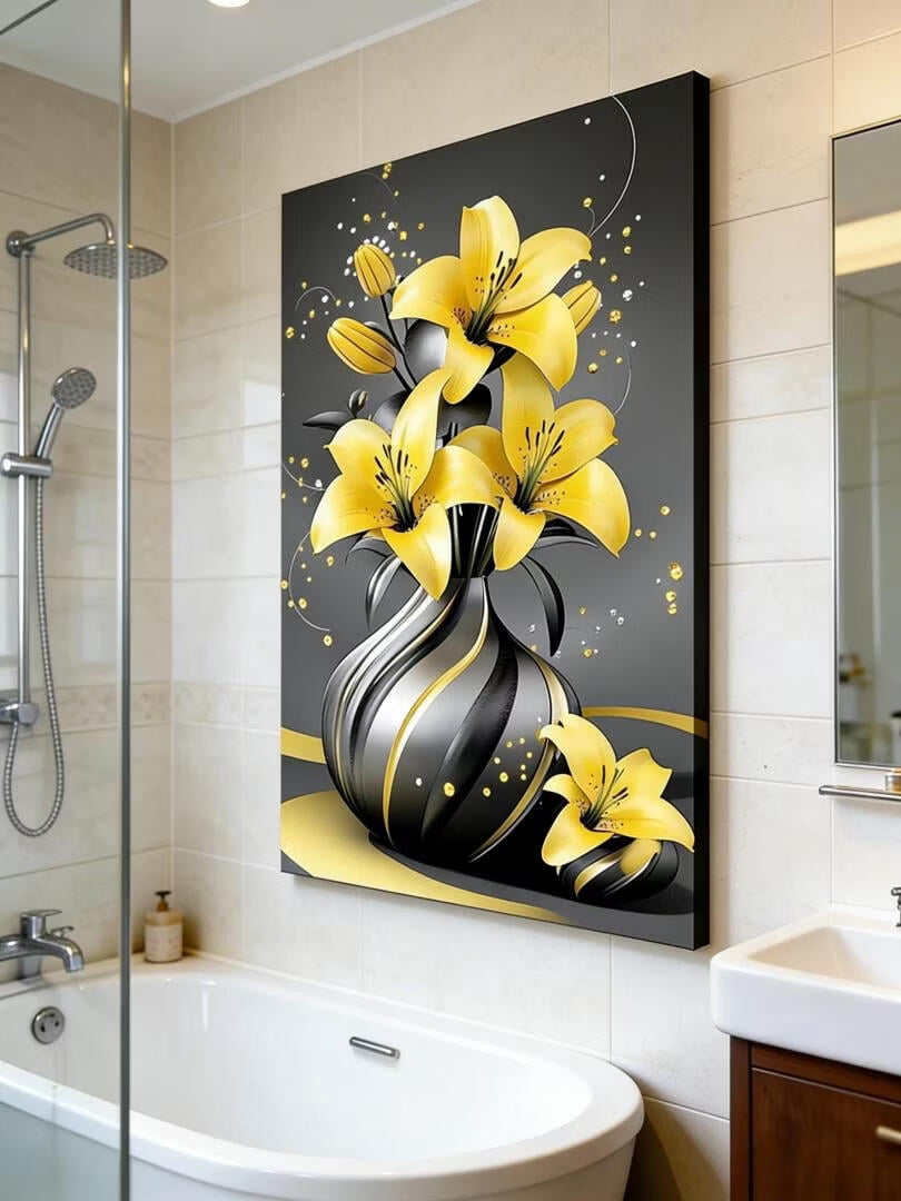 Mudket Framed Canvas Wall Art, Yellow Lilies in Black Gold Vase Wall Decor, Luxury Glam Elegant Floral Waterproof Ready to Hang Art Prints for Dining Room Living Room Bedroom Home Decor - 12"L x 8"W