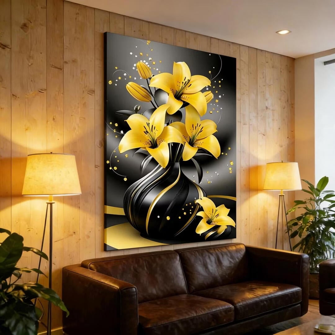 Mudket Framed Canvas Wall Art, Yellow Lilies in Black Gold Vase Wall Decor, Luxury Glam Elegant Floral Waterproof Ready to Hang Art Prints for Dining Room Living Room Bedroom Home Decor - 12"L x 8"W