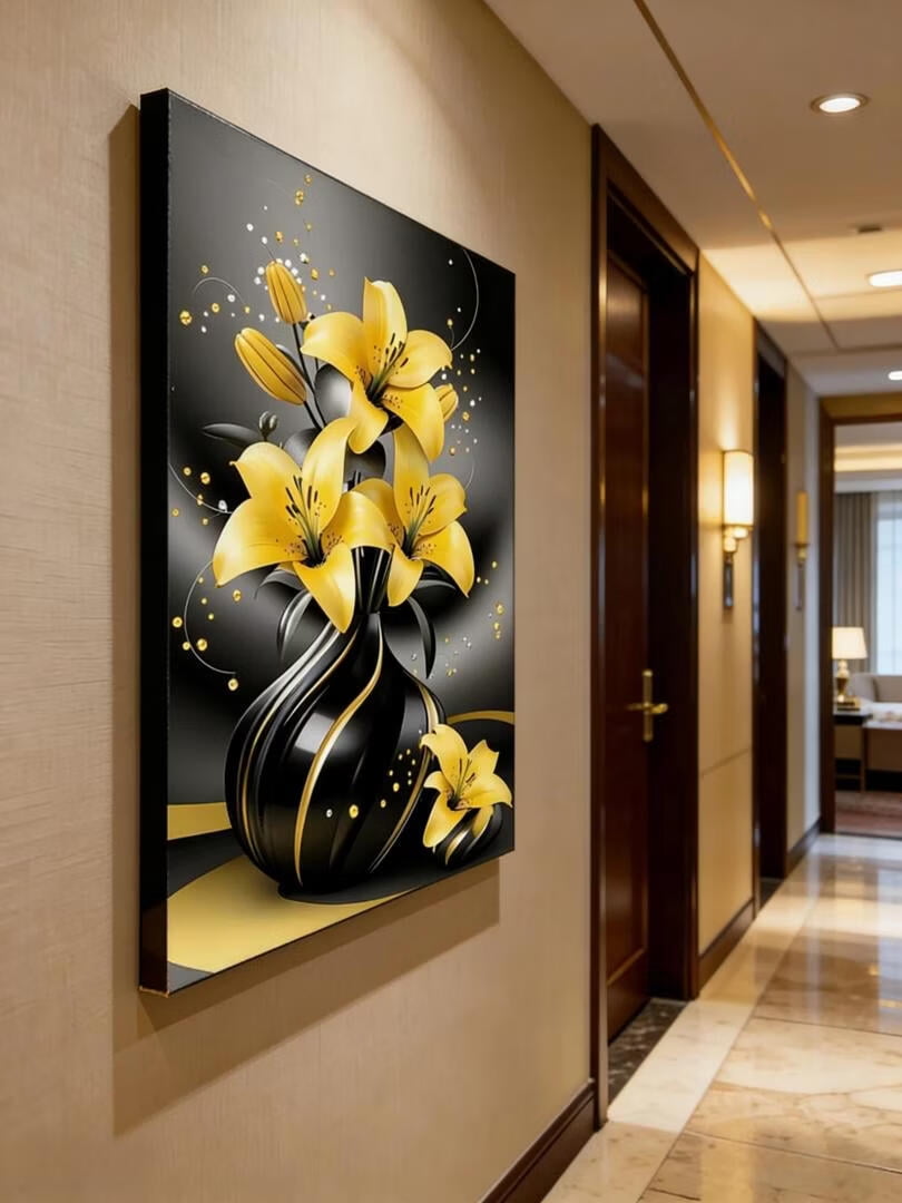 Mudket Framed Canvas Wall Art, Yellow Lilies in Black Gold Vase Wall Decor, Luxury Glam Elegant Floral Waterproof Ready to Hang Art Prints for Dining Room Living Room Bedroom Home Decor - 12"L x 8"W