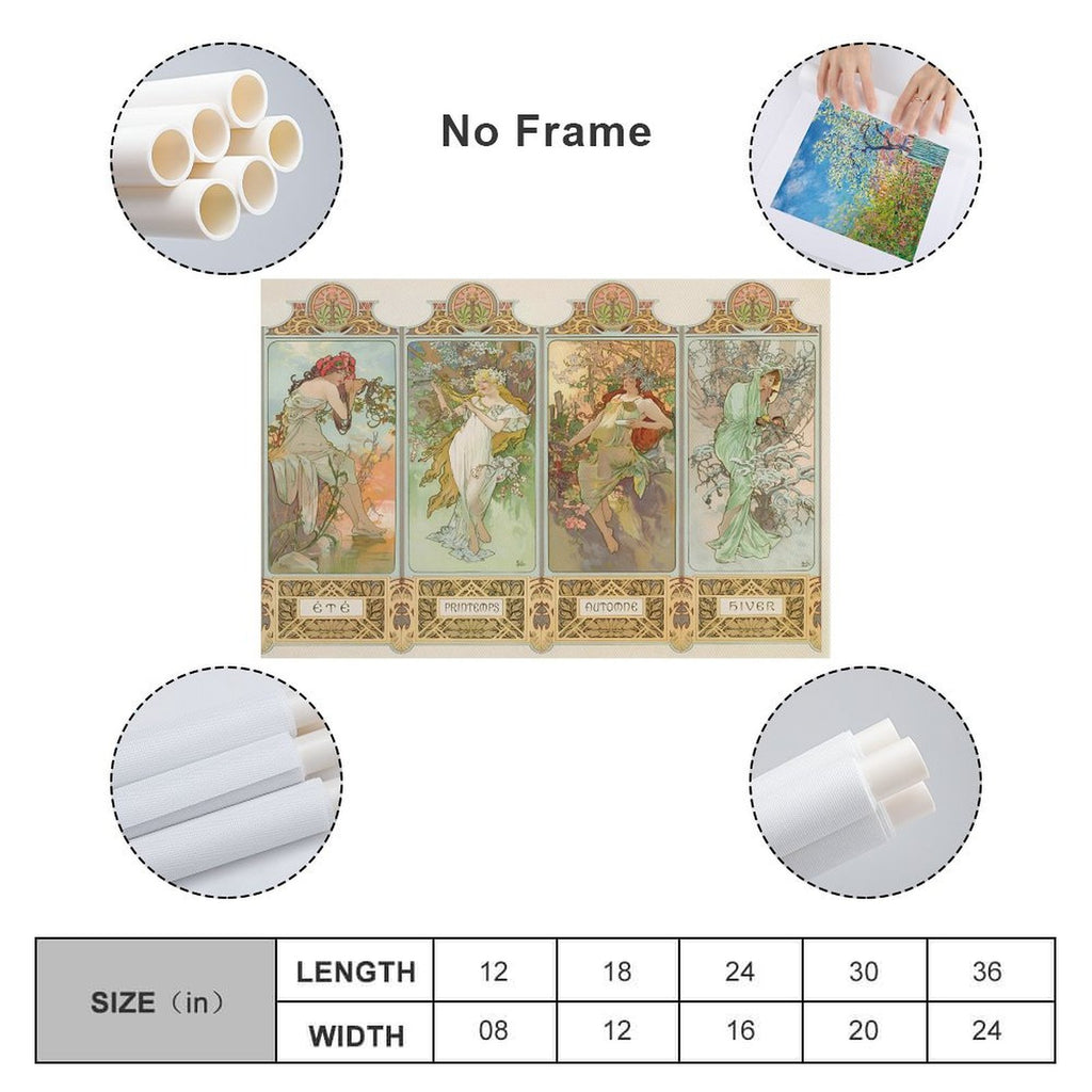 Alphonse Mucha 4 Seasons 《Spring, Summer, Autumn And Winter》 Wall Art Poster Picture Print Canvas Poster Wall Paint Art Posters Decor Modern Home Artworks Gift 08x12inch(20x30cm)