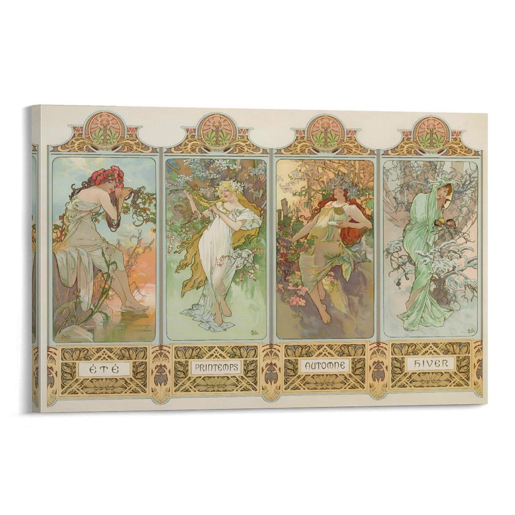 Alphonse Mucha 4 Seasons 《Spring, Summer, Autumn And Winter》 Wall Art Poster Picture Print Canvas Poster Wall Paint Art Posters Decor Modern Home Artworks Gift 08x12inch(20x30cm)