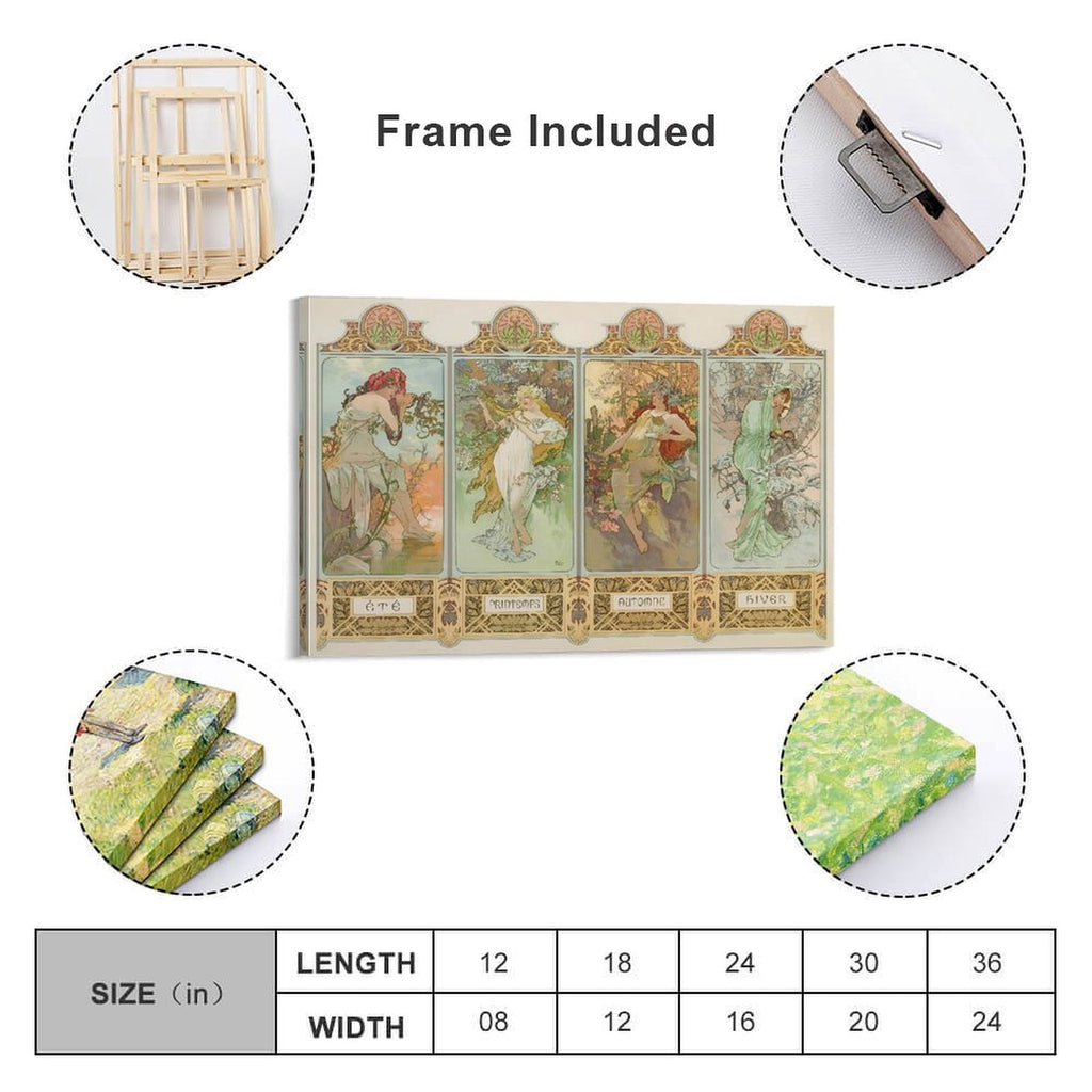 Alphonse Mucha 4 Seasons 《Spring, Summer, Autumn And Winter》 Wall Art Poster Picture Print Canvas Poster Wall Paint Art Posters Decor Modern Home Artworks Gift 08x12inch(20x30cm)