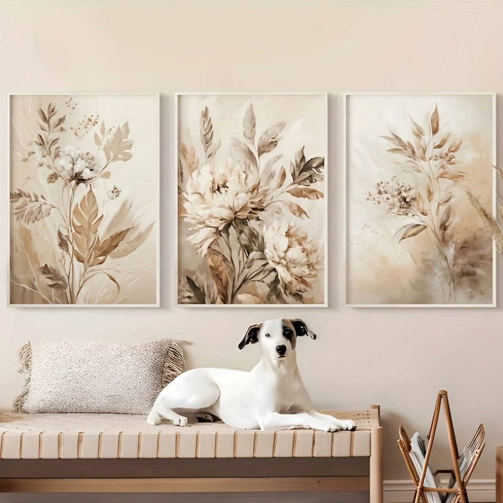 Print Painting, 3pcs Beige Floral Wall Art Botanical Oil Painting Print for Apartment Living Room Decor Floral Canvas Poster Botanical Wall Prints Home Gifts, Perfect for Room Decor