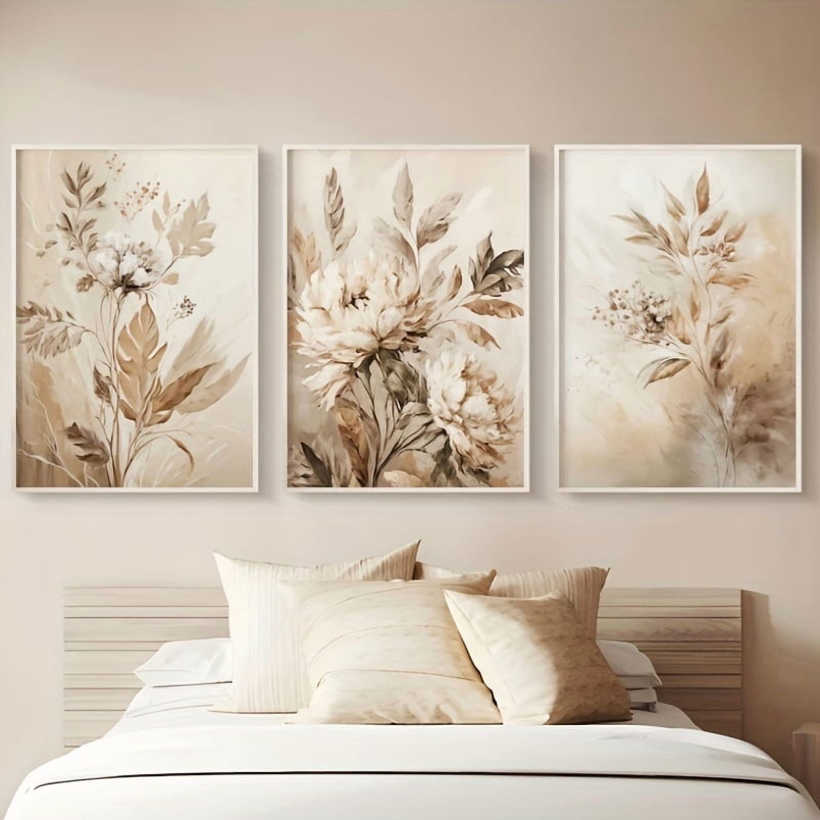 Print Painting, 3pcs Beige Floral Wall Art Botanical Oil Painting Print for Apartment Living Room Decor Floral Canvas Poster Botanical Wall Prints Home Gifts, Perfect for Room Decor