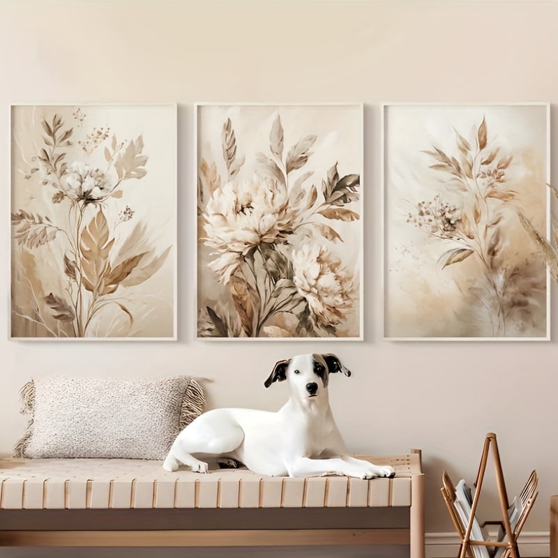 Print Painting, 3pcs Beige Floral Wall Art Botanical Oil Painting Print for Apartment Living Room Decor Floral Canvas Poster Botanical Wall Prints Home Gifts, Perfect for Room Decor