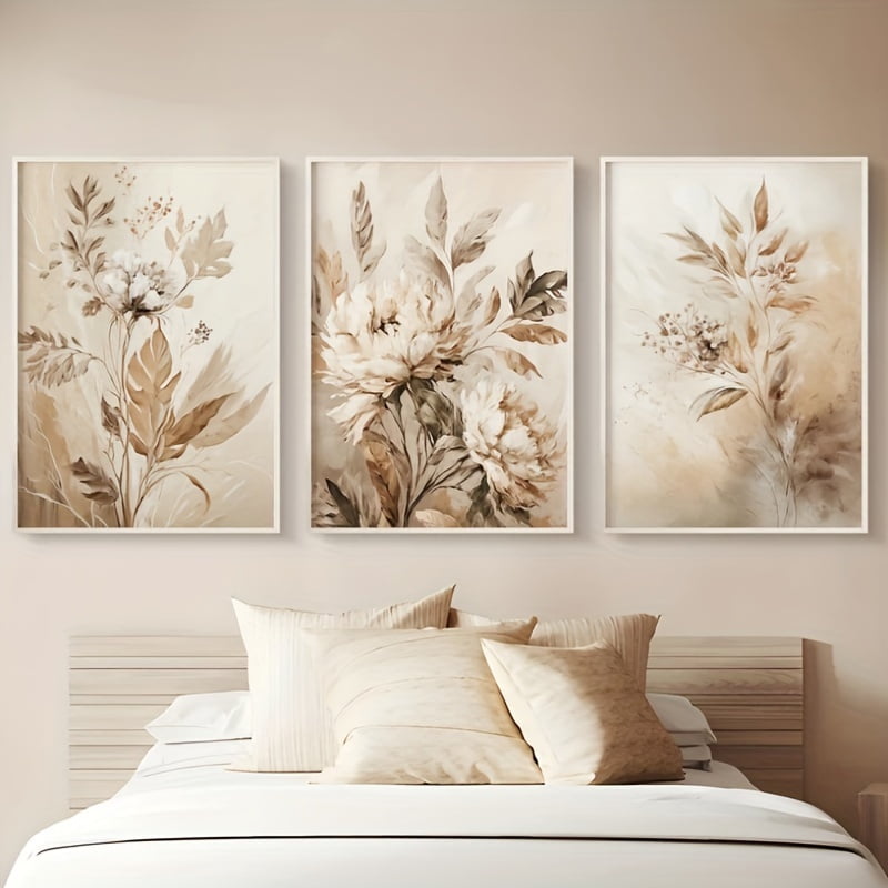 Print Painting, 3pcs Beige Floral Wall Art Botanical Oil Painting Print for Apartment Living Room Decor Floral Canvas Poster Botanical Wall Prints Home Gifts, Perfect for Room Decor