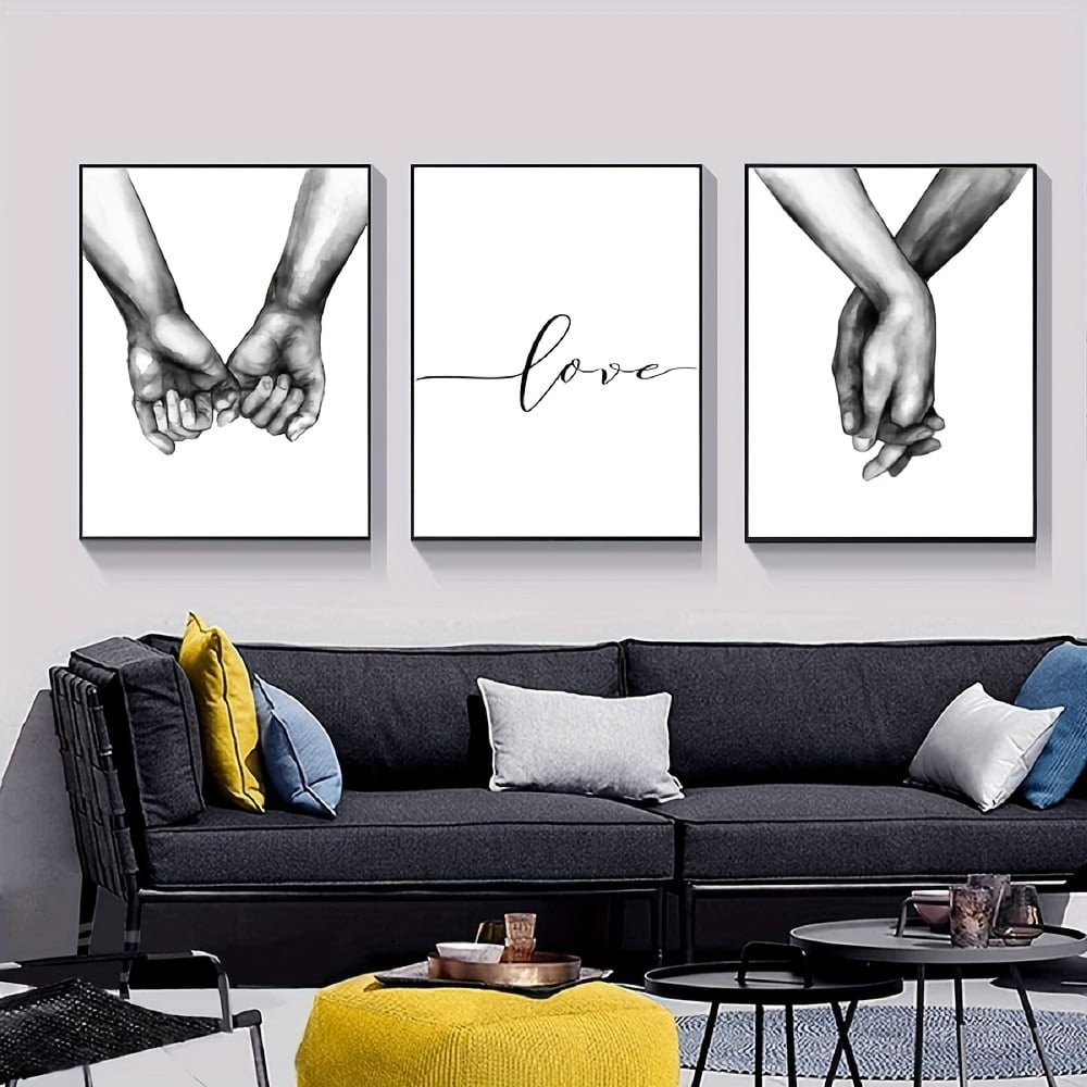 3pcs, Love And Hands Black And White Wall Decoration, Canvas Painting Wall Art, Room Decor, Home Decor, Holiday Decor, Bedroom Decor, Living Room Decor, Entrance Decor, Background Decor, Wall Decor