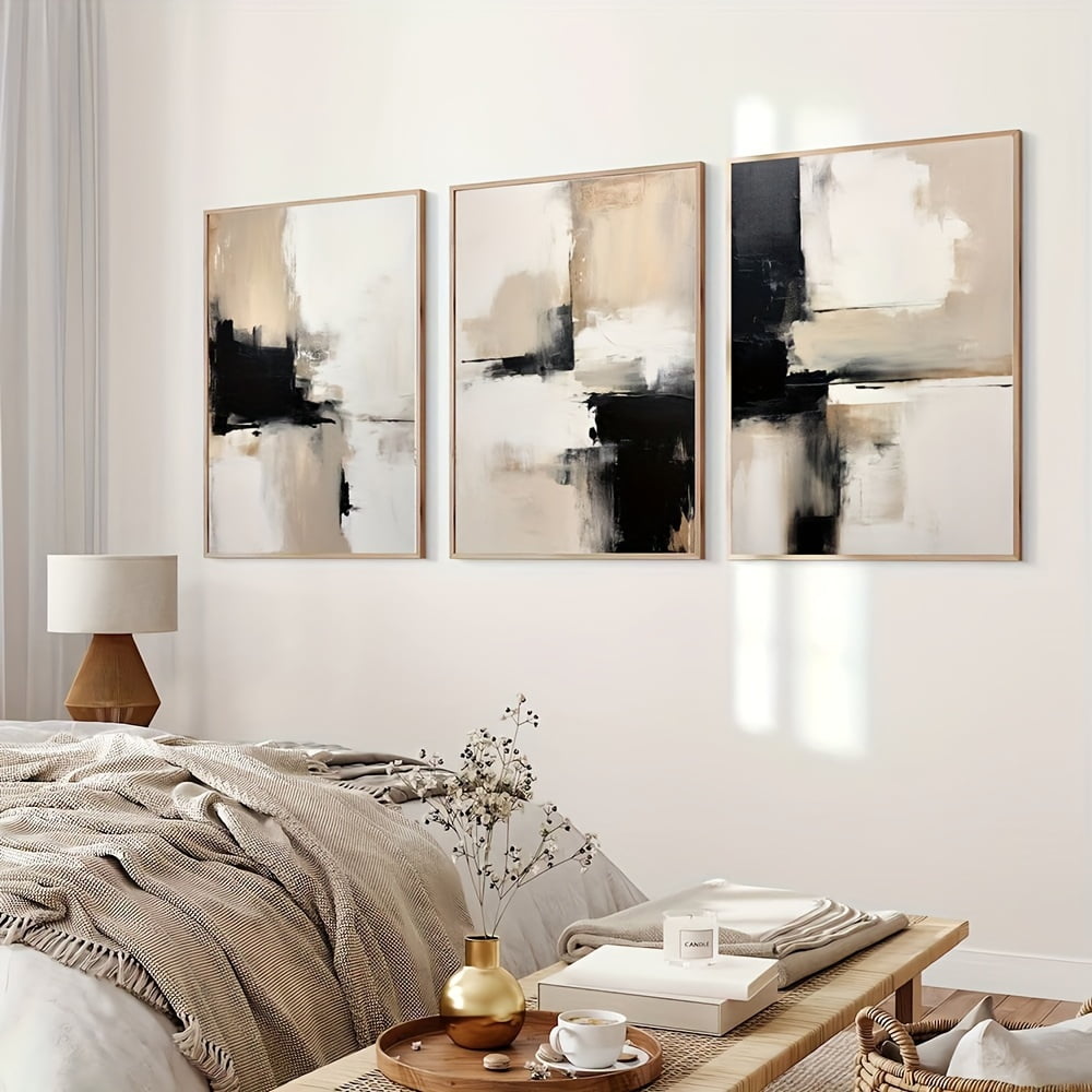 Set of 3 Contemporary Abstract Art Canvas Prints, Black and Beige Minimalist Wall Posters for Modern Home Decor - Living Room, Bedroom, Office - No Frame