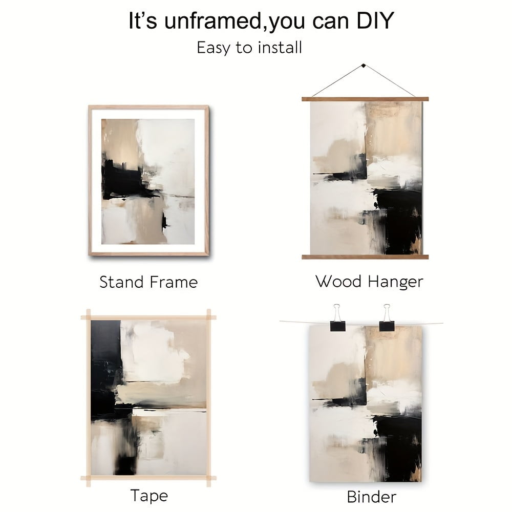 Set of 3 Contemporary Abstract Art Canvas Prints, Black and Beige Minimalist Wall Posters for Modern Home Decor - Living Room, Bedroom, Office - No Frame