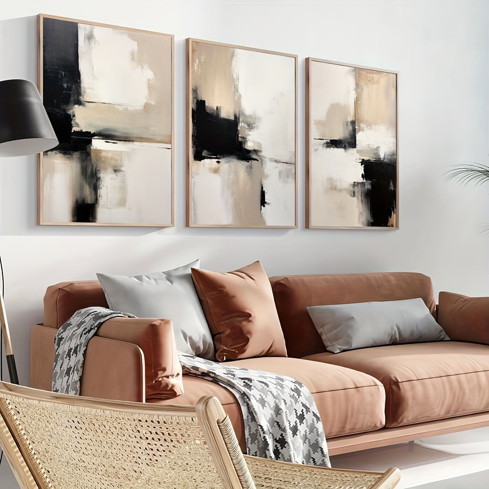 Set of 3 Contemporary Abstract Art Canvas Prints, Black and Beige Minimalist Wall Posters for Modern Home Decor - Living Room, Bedroom, Office - No Frame