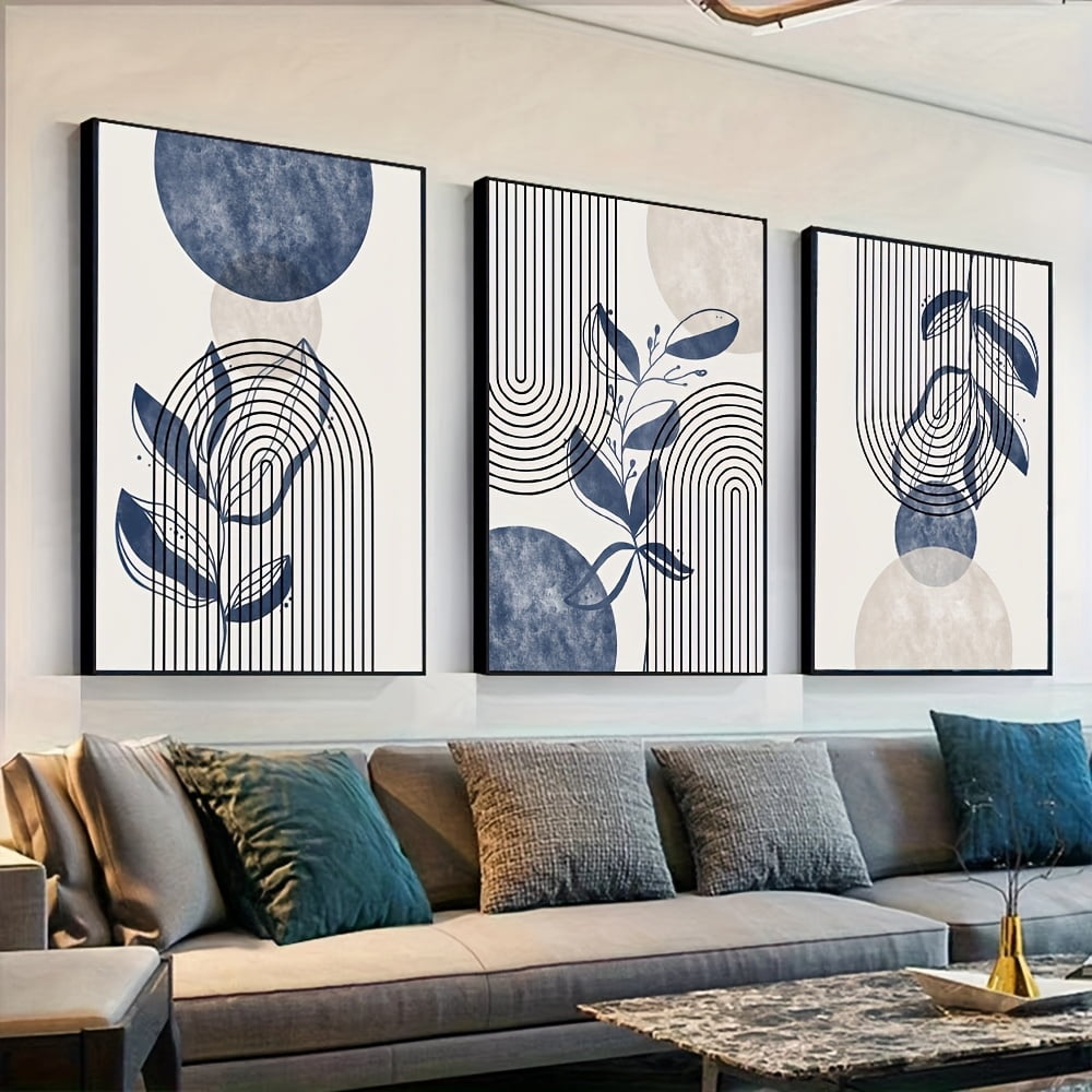 3pcs set of frameless blue, black and beige geometric art posters, abstract line canvas paintings, modern minimalist wall art prints, plant leaf wall pictures, retro bohemian poster images, suitable
