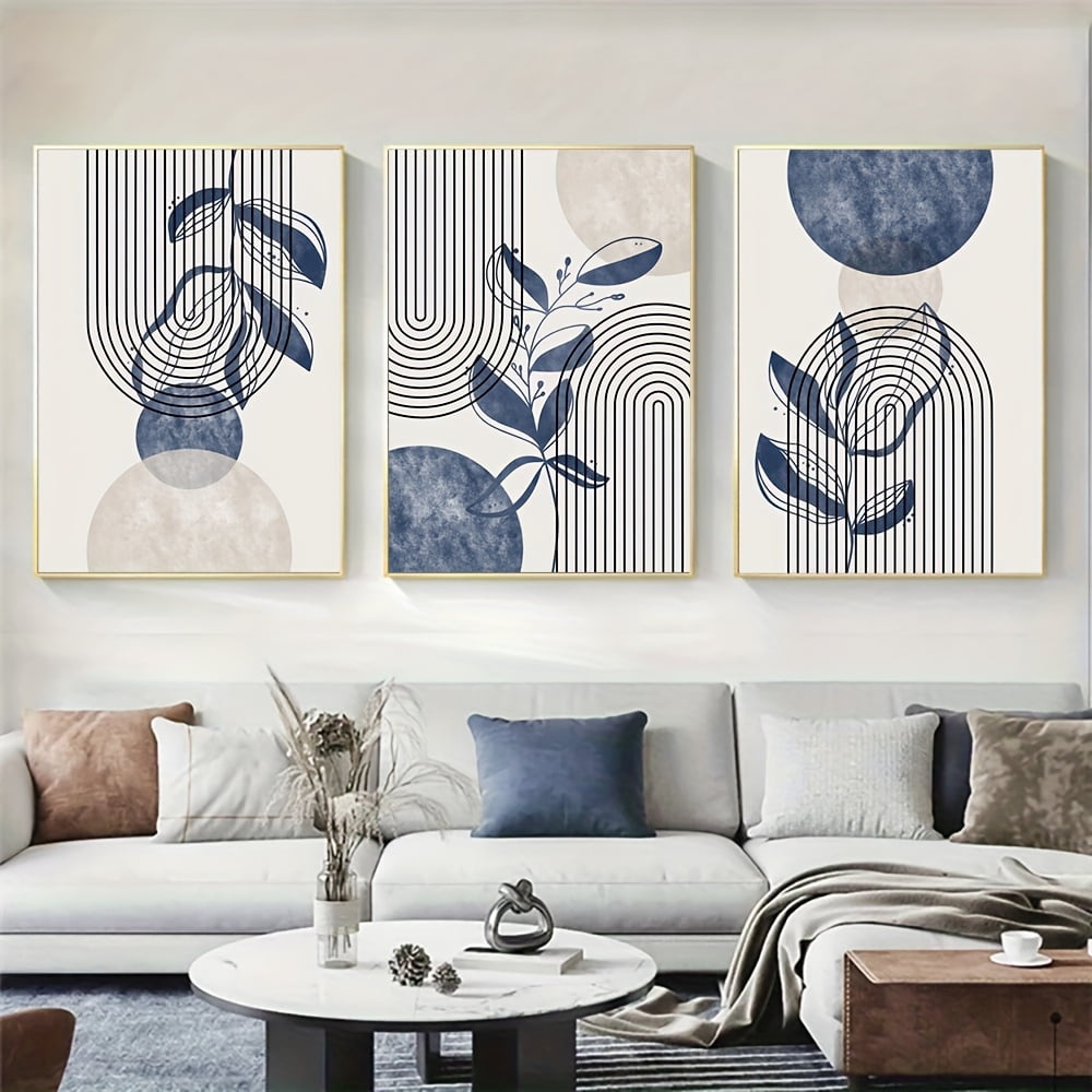3pcs set of frameless blue, black and beige geometric art posters, abstract line canvas paintings, modern minimalist wall art prints, plant leaf wall pictures, retro bohemian poster images, suitable