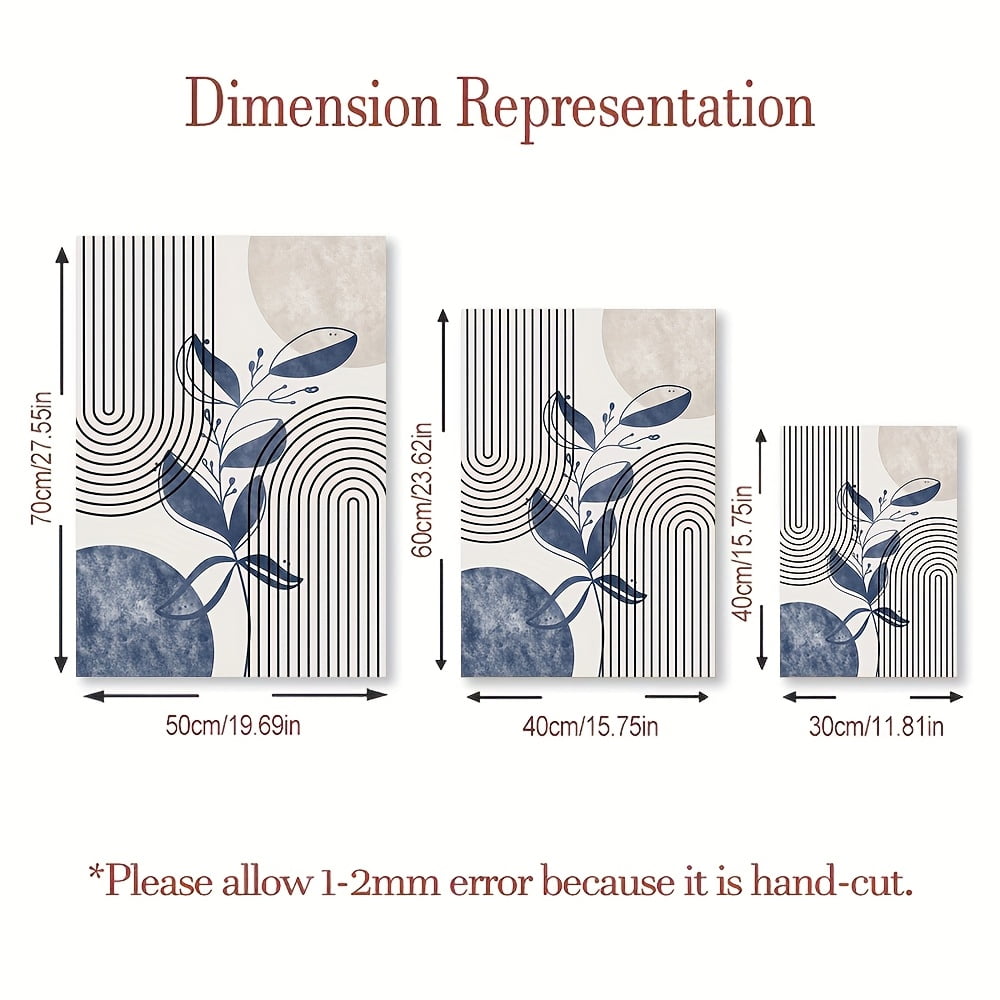 3pcs set of frameless blue, black and beige geometric art posters, abstract line canvas paintings, modern minimalist wall art prints, plant leaf wall pictures, retro bohemian poster images, suitable
