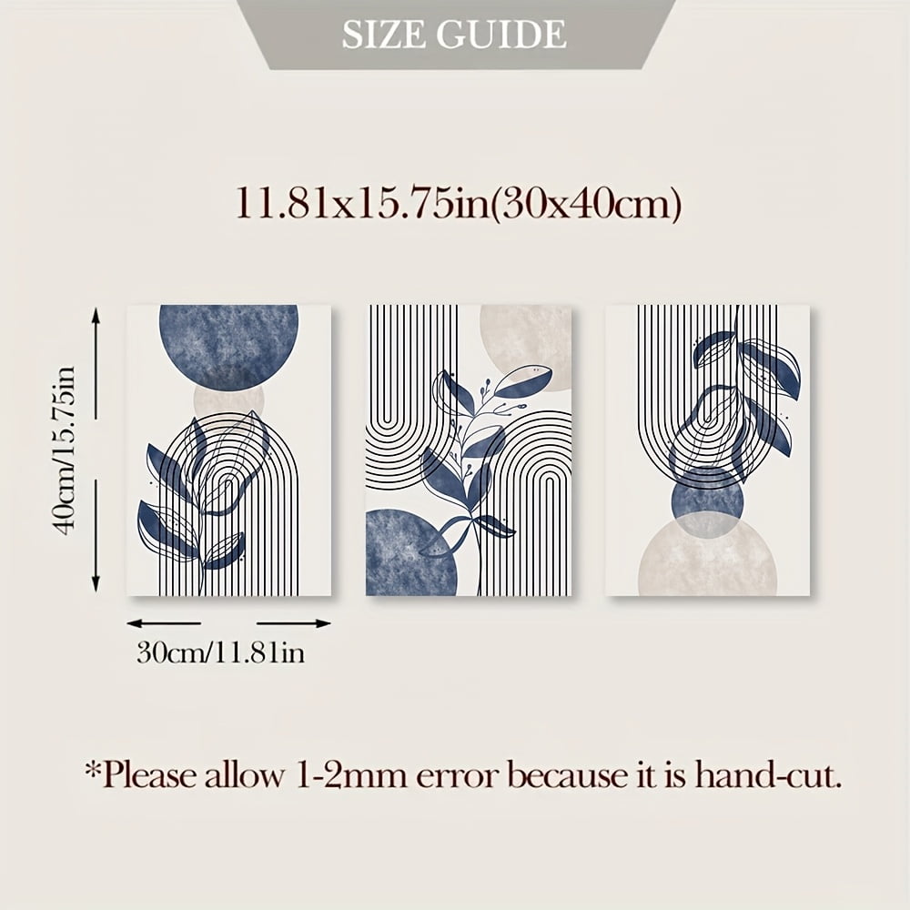 3pcs set of frameless blue, black and beige geometric art posters, abstract line canvas paintings, modern minimalist wall art prints, plant leaf wall pictures, retro bohemian poster images, suitable