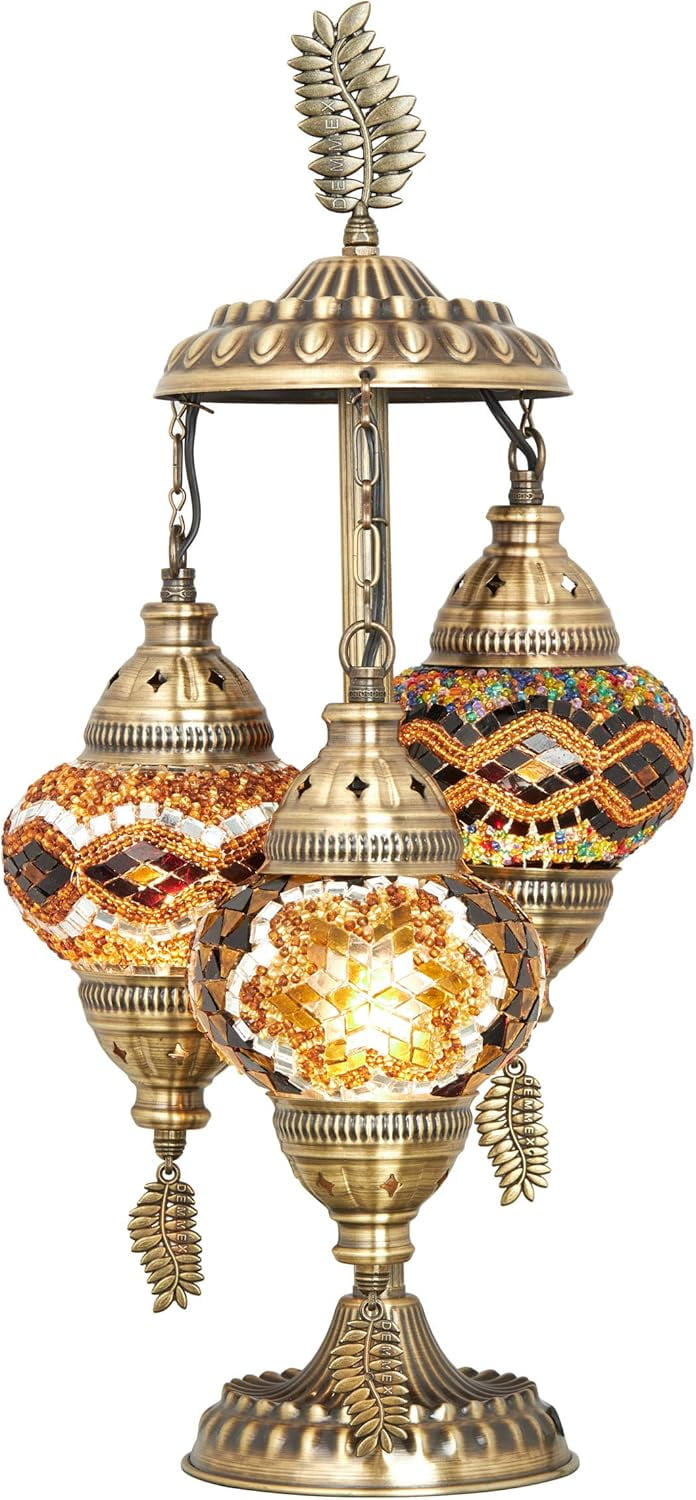DEMMEX 3 Globes Turkish Moroccan Mosaic Bohemian Table Desk Bedside Night Lamp Light Lampshade, Exotic Oriental Colorful Mosaic Glasses Table Lamp, Antique Brass Color Metal Body, 21" (Amber - Brown)