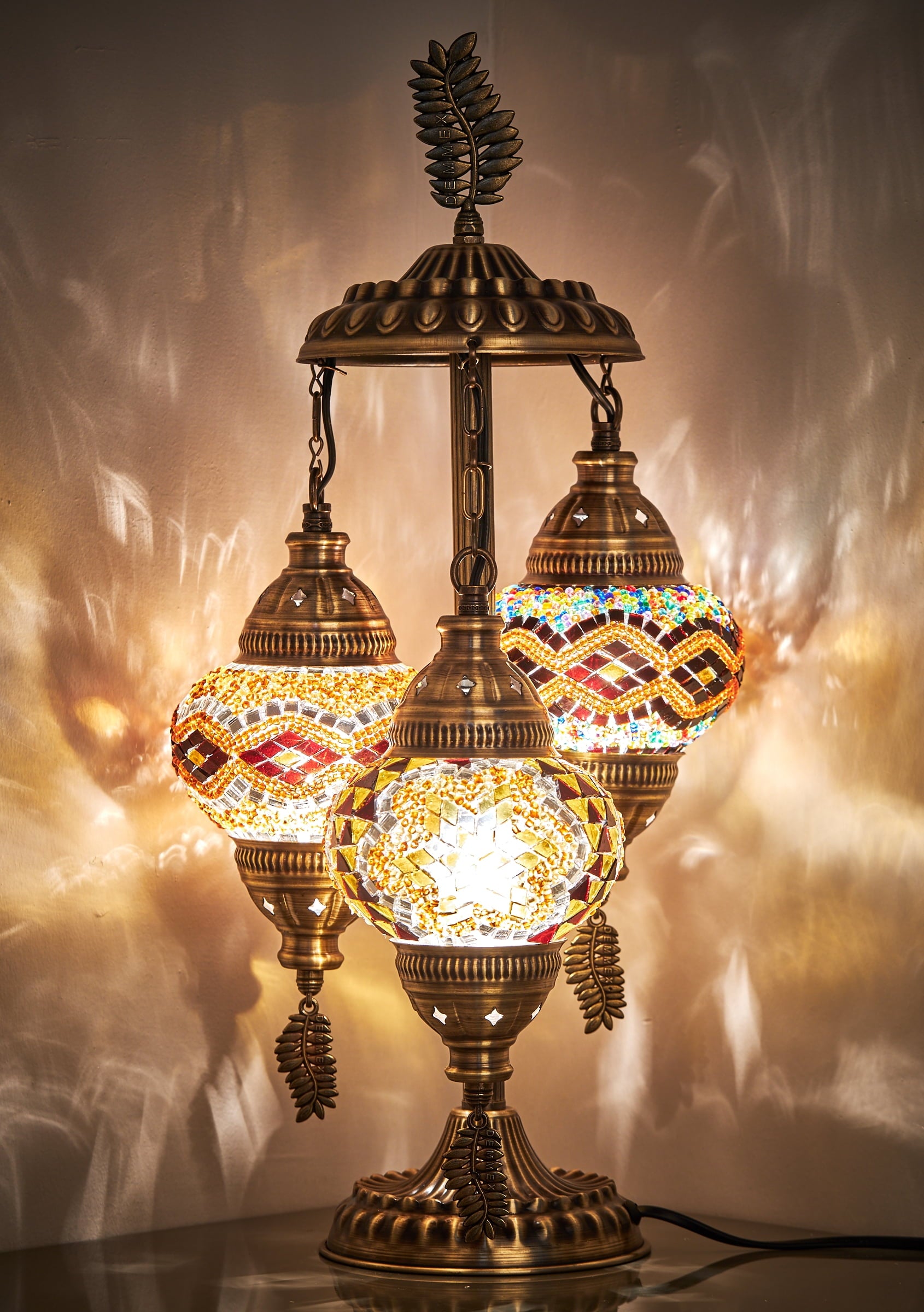 DEMMEX 3 Globes Turkish Moroccan Mosaic Bohemian Table Desk Bedside Night Lamp Light Lampshade, Exotic Oriental Colorful Mosaic Glasses Table Lamp, Antique Brass Color Metal Body, 21" (Amber - Brown)