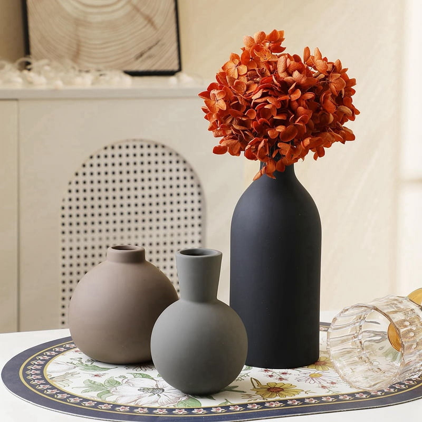 Ceramic Vase Set of 3, Vases Home Decor Rustic Vase Farmhouse Decor Vases for Bouquet Pampas Grass Dried Fresh Flowers