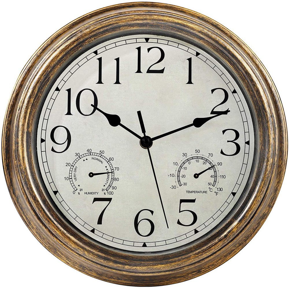 12“ Wall Clock,Retro Waterproof Clock with Displays Thermometer&amp;Hygrometer,Noise-Free Clock for Indoor/Outdoor