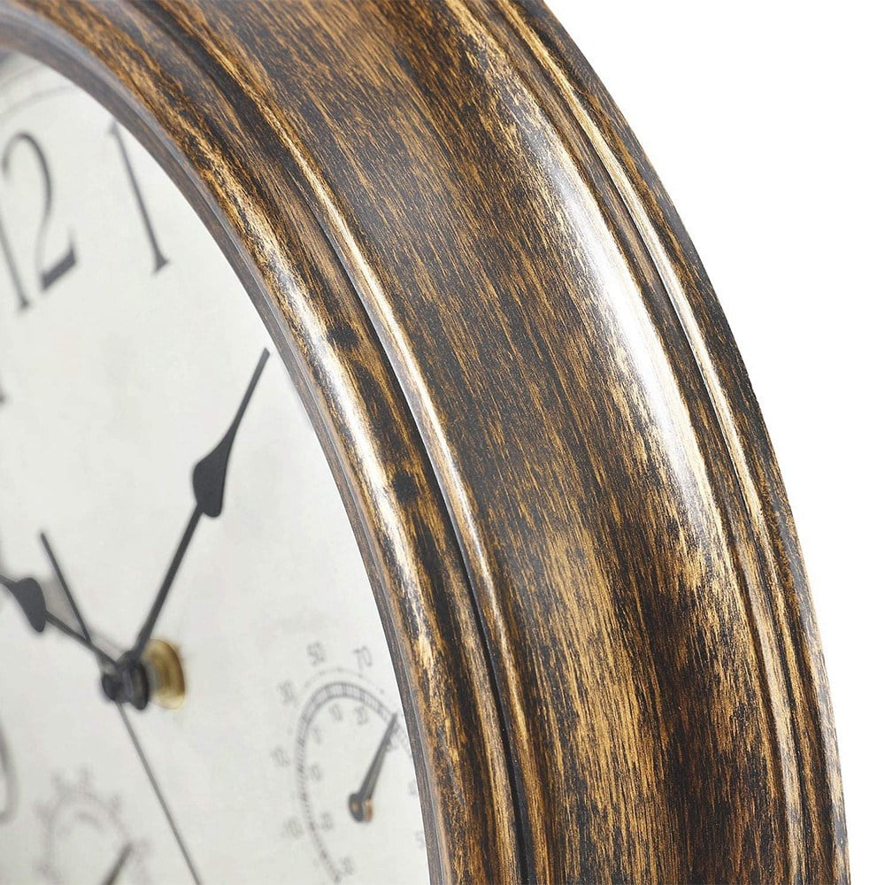 12“ Wall Clock,Retro Waterproof Clock with Displays Thermometer&amp;Hygrometer,Noise-Free Clock for Indoor/Outdoor