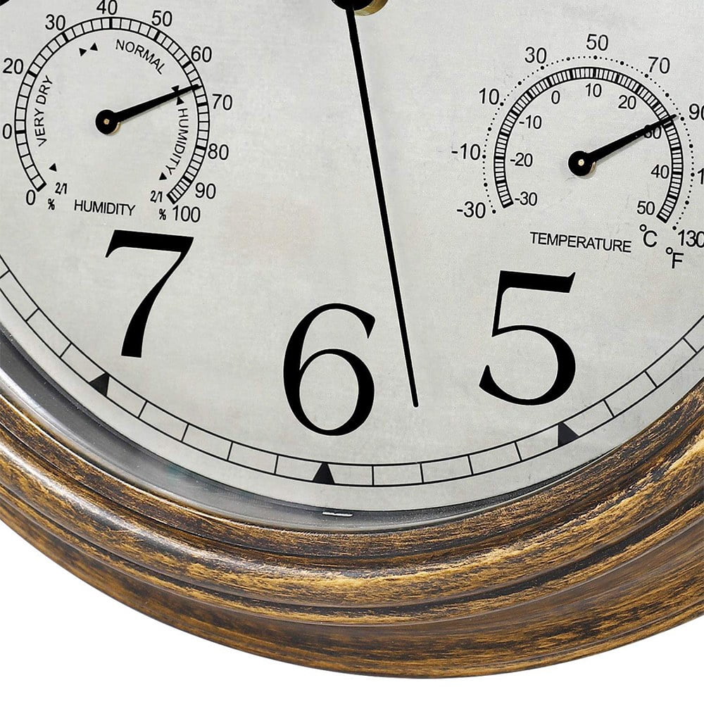 12“ Wall Clock,Retro Waterproof Clock with Displays Thermometer&amp;Hygrometer,Noise-Free Clock for Indoor/Outdoor