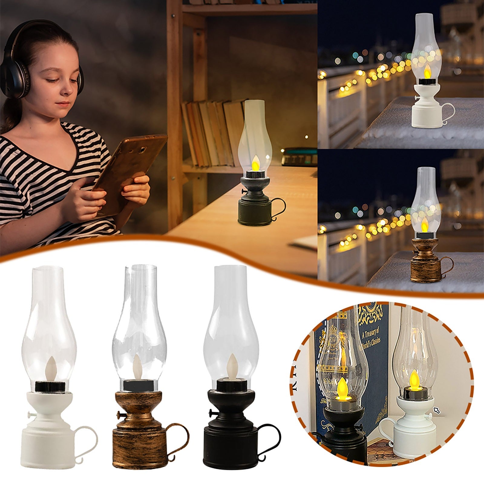 Vintage Flameless Table Lamp LED Kerosene Lantern Clear Hurricane Lamp Battery Operated Nightstand for Bedroom Living Room, 7.24" x 18.4" x 1.97"