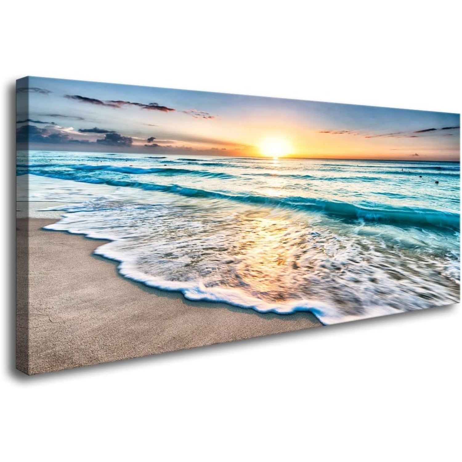 Canvas Prints Wall Art Beach Sunset Ocean Waves Nature Pictures Stretched Canvas Wooden Framed for living Room Bedroom and Office, 16x24in